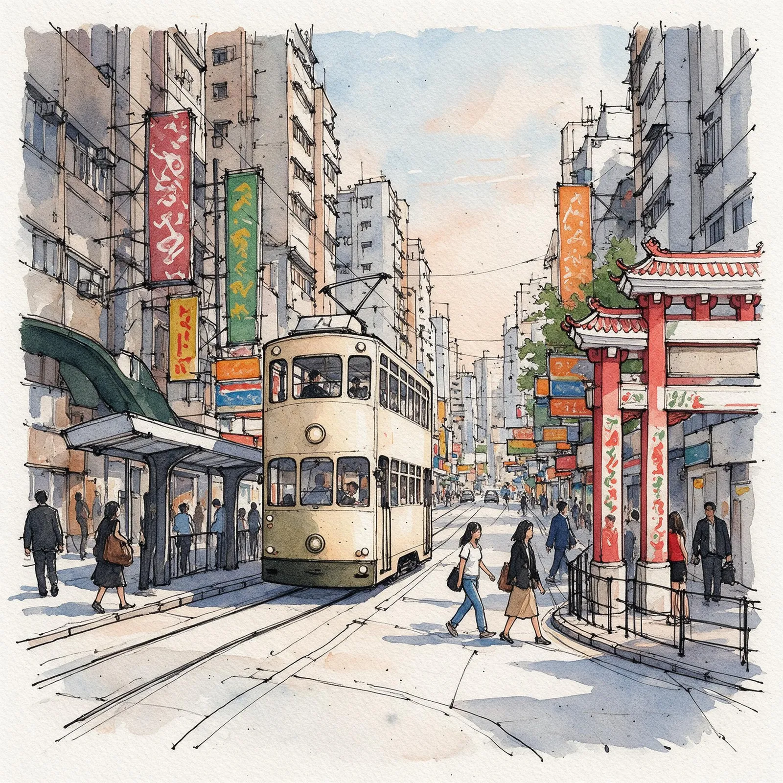 Detailed ink-pen and watercolor urban sketch of a Hong Kong street corner with signs, trams and people, loose lively lines, no readable text