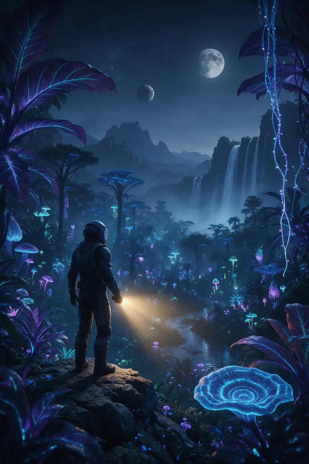 Alien jungle planet with bioluminescent plants and two moons, an explorer in a suit with a light, sense of discovery