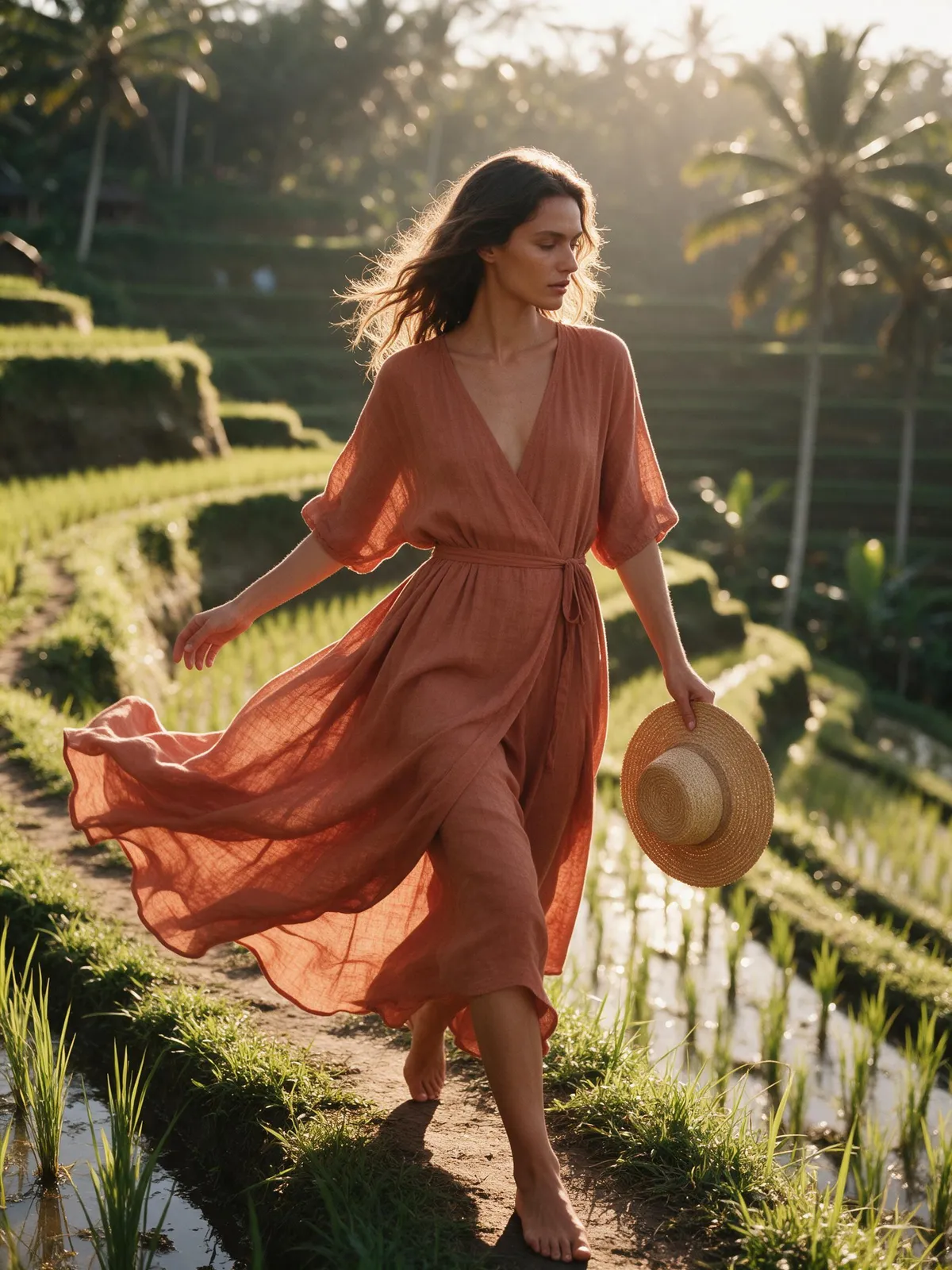Summer resort fashion in Bali: a model in a flowing terracotta linen dress walking through a rice terrace path, straw hat in hand, golden backlight, fabric moving in the breeze, warm sun-kissed tones