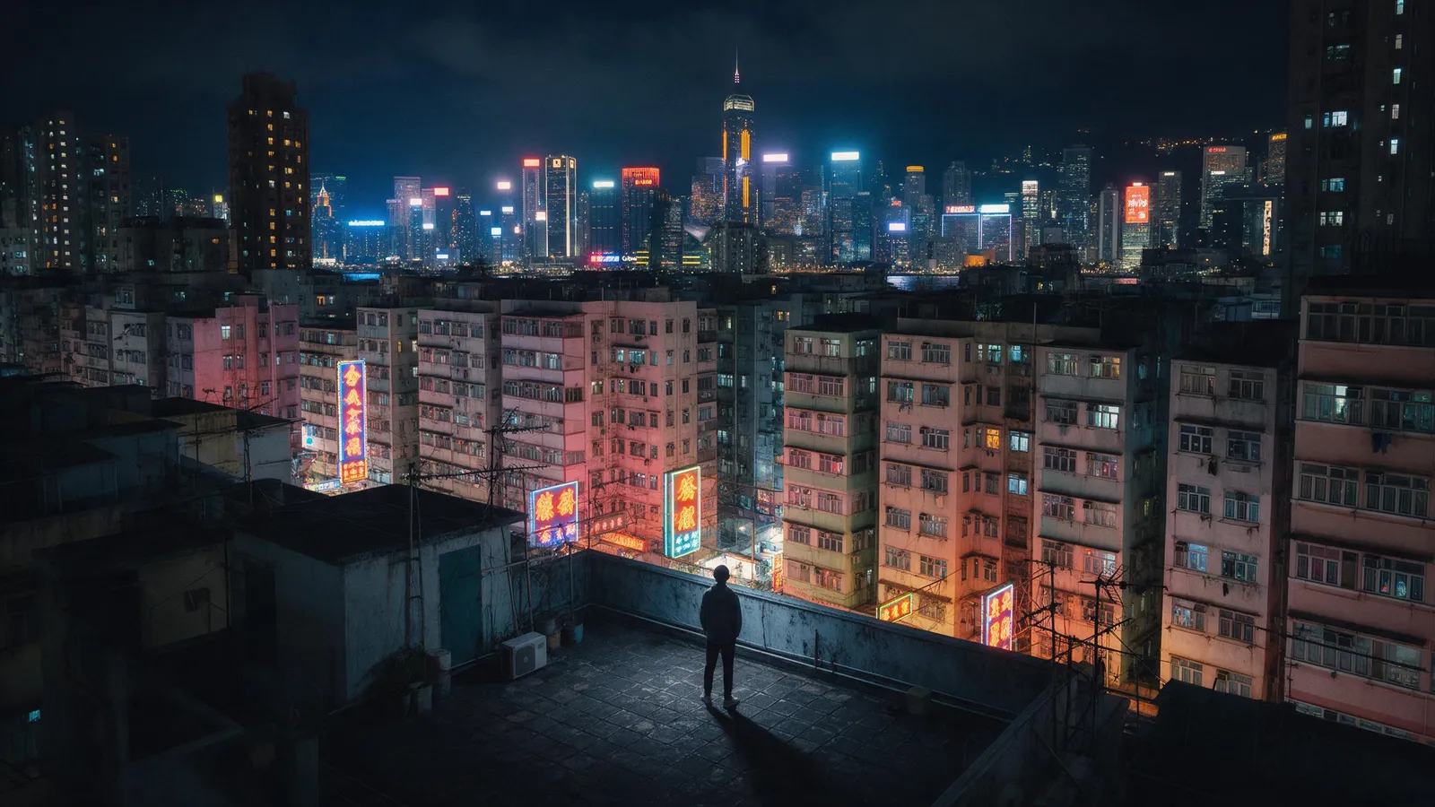Kowloon rooftop view at night, dense neon and apartments, a lone person on a rooftop looking at the skyline