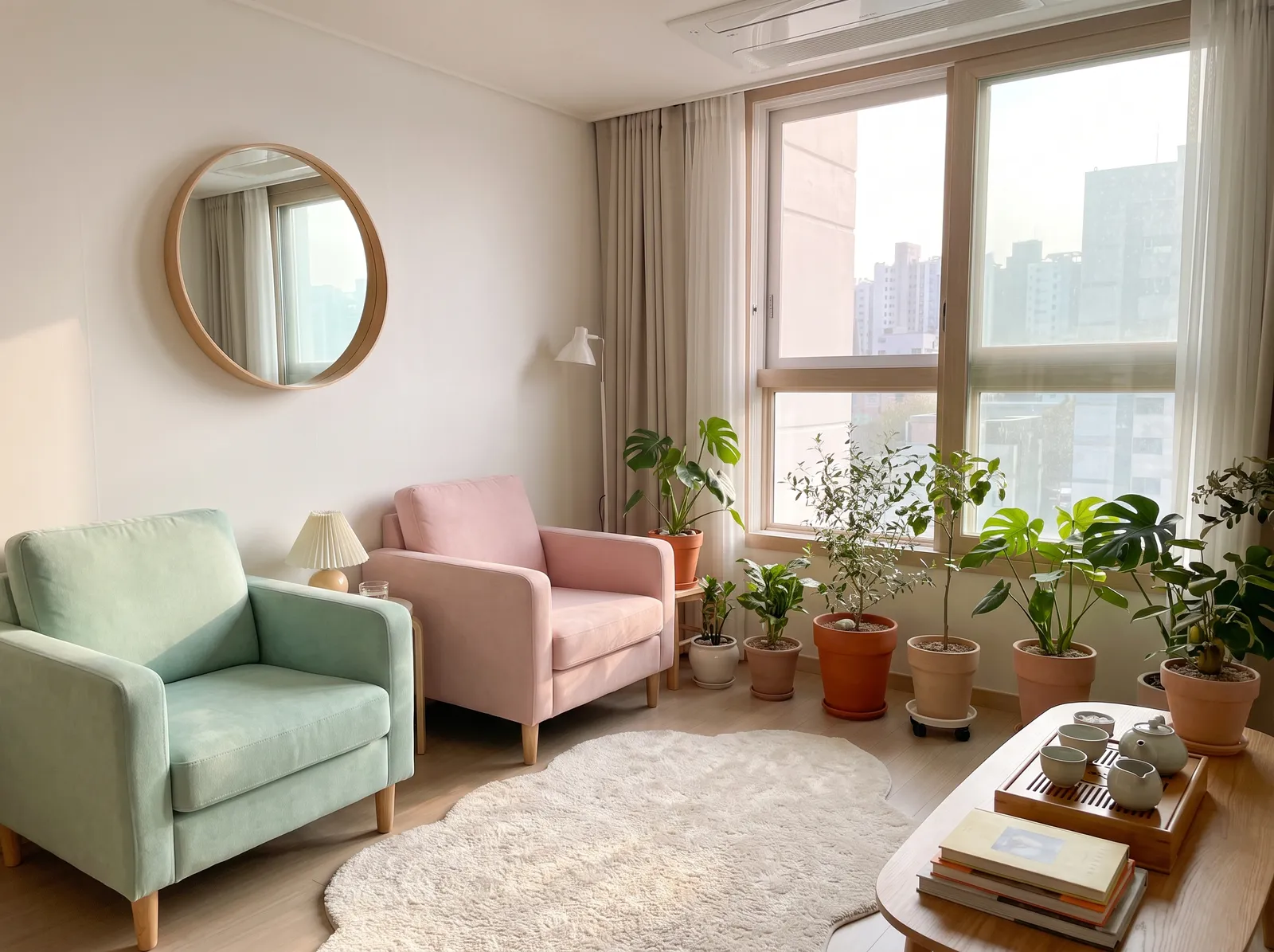 Bright Seoul studio apartment styled with pastel furniture, a round mirror, cloud-shaped rug and potted plants, soft daylight, Korean lifestyle interior photography