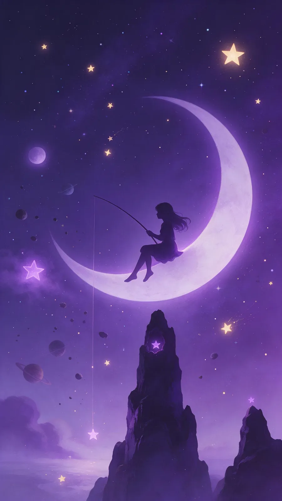 Aesthetic wallpaper of a girl silhouette sitting on the moon fishing for stars, deep purple sky, soft glow, whimsical