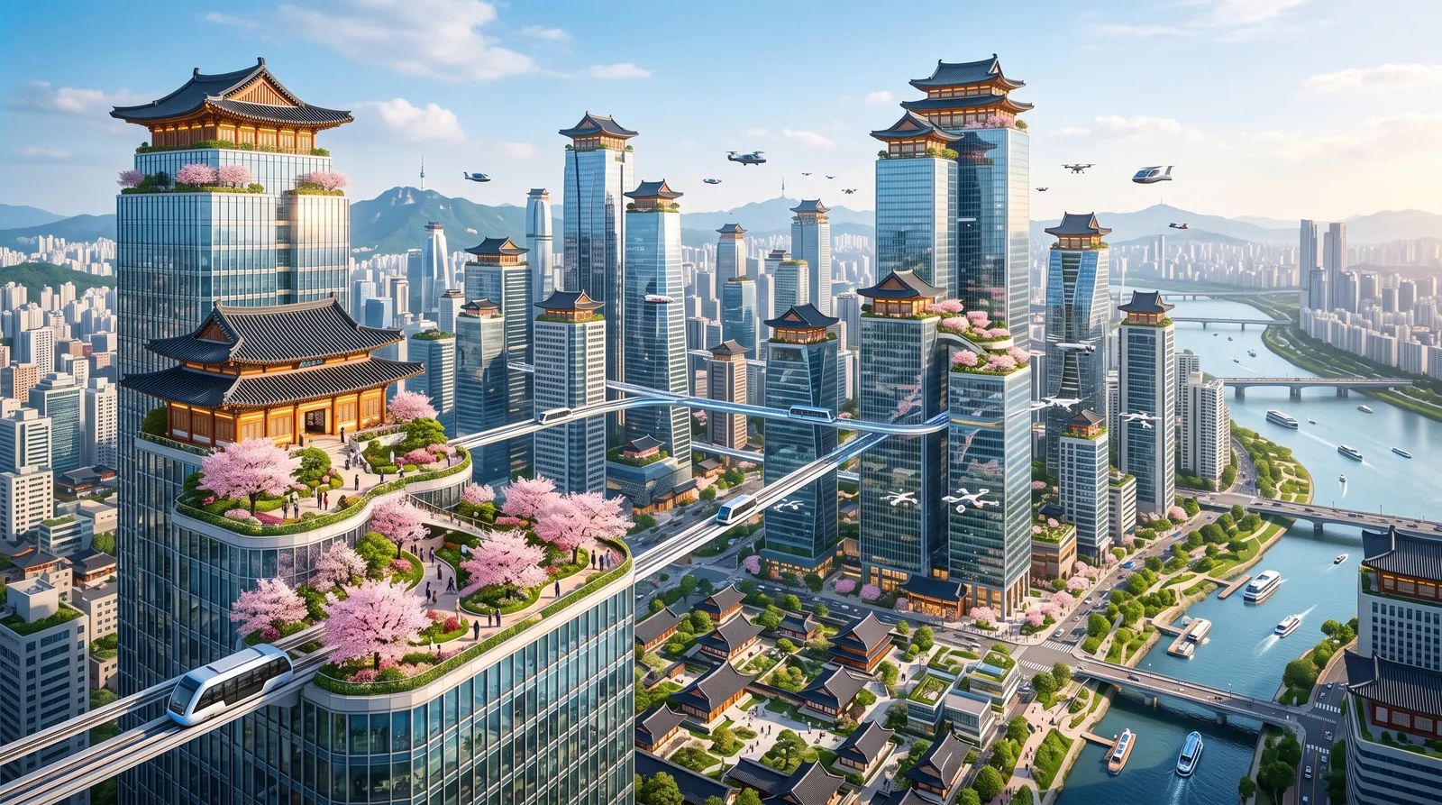 Future Seoul in 2150 with hanok-inspired rooftops on top of glass megatowers, flying trams, cherry blossoms on sky gardens, optimistic daylight