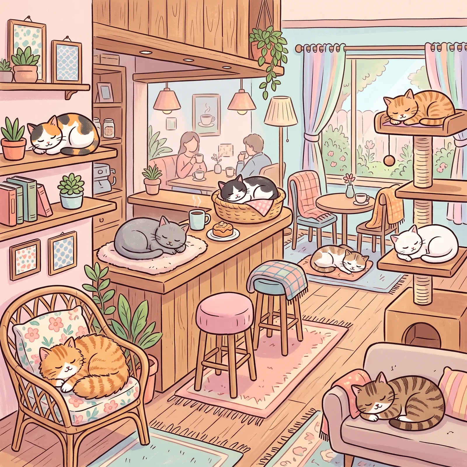 Cute doodle-style illustration of a cat café with cats napping in various spots, hand-drawn lines, pastel colors, no text