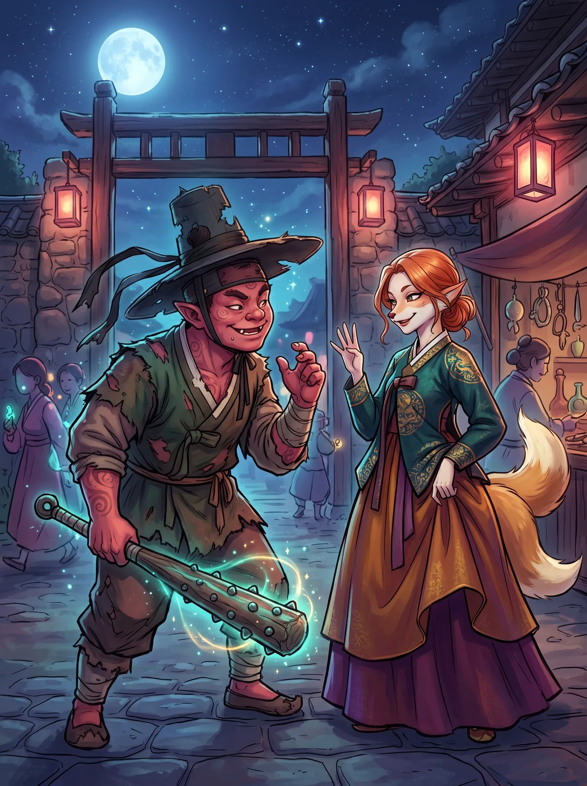 Korean webtoon fantasy of a dokkaebi in a battered gat hat haggling with a fox spirit over a glowing club at a moonlit village gate, mischievous grins, rich jewel tones