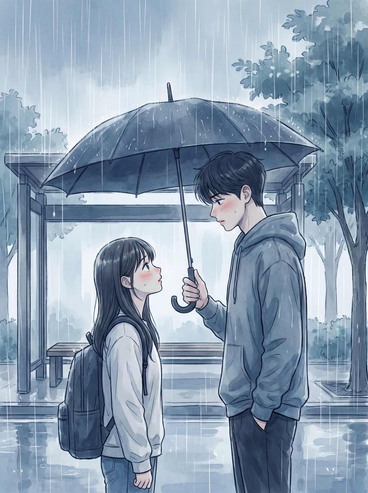 Korean webtoon romance panel of two university students meeting under one umbrella at a bus stop in the first summer downpour, flushed faces, rain streaking past, soft blue tones