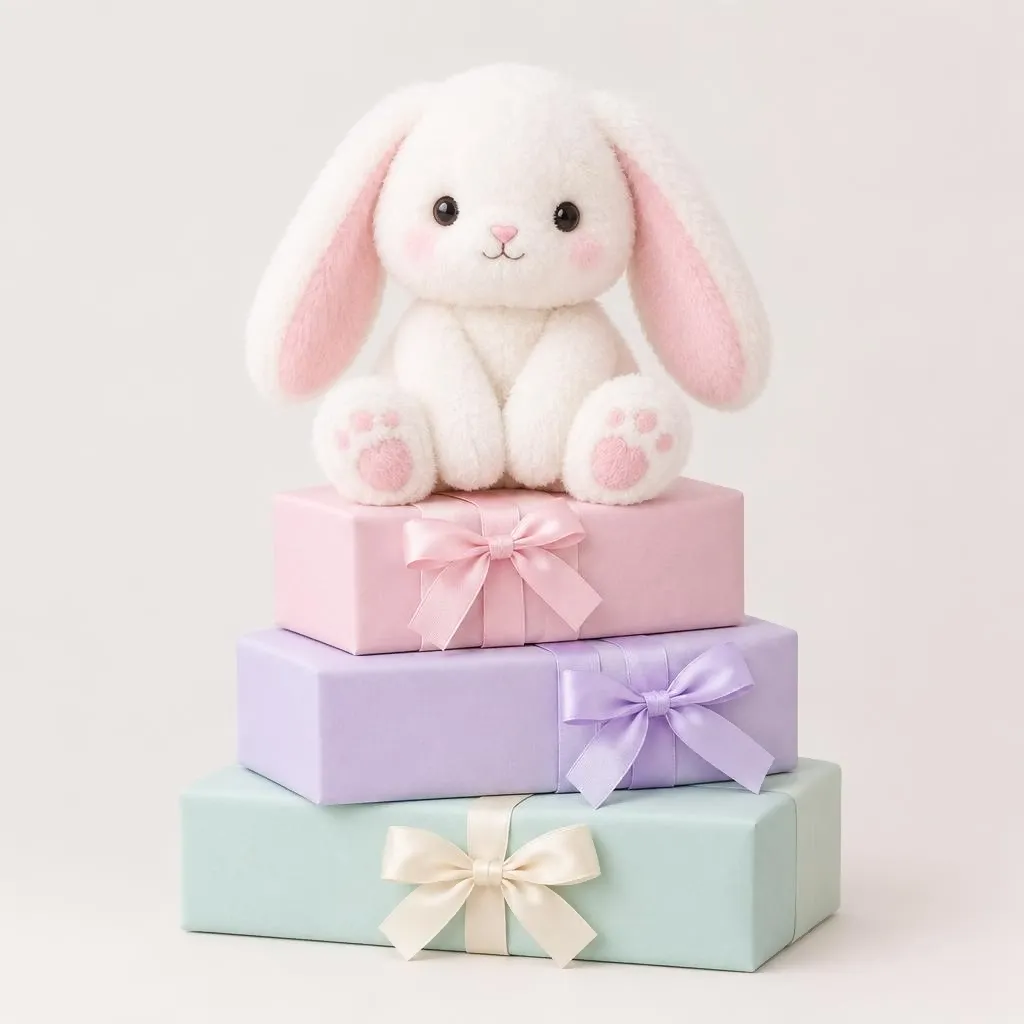 Cute plush toy of a white bunny with pink ears sitting on a stack of pastel gift boxes, soft studio product photo, clean background