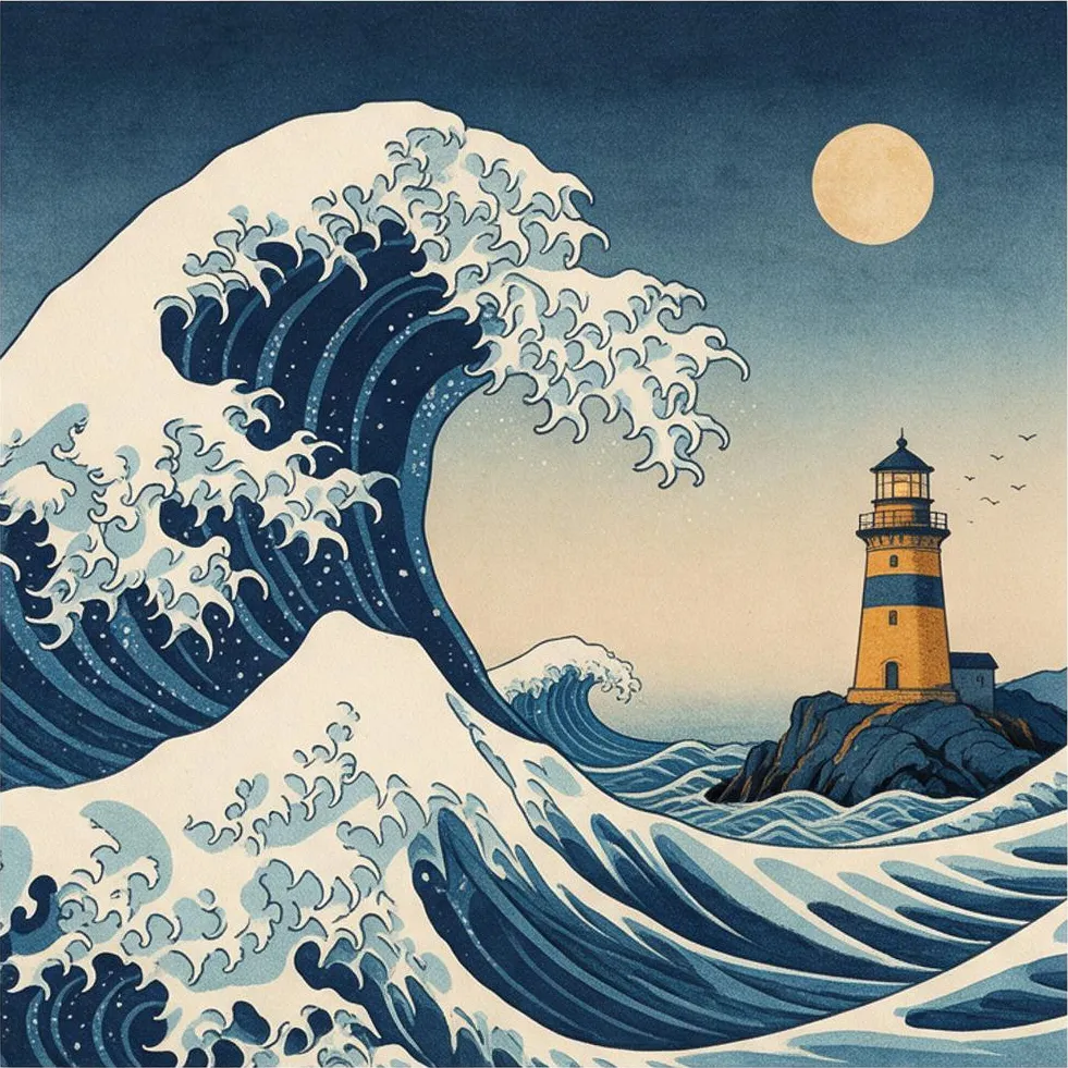A ukiyo-e style wave with a lighthouse, beautiful illustration