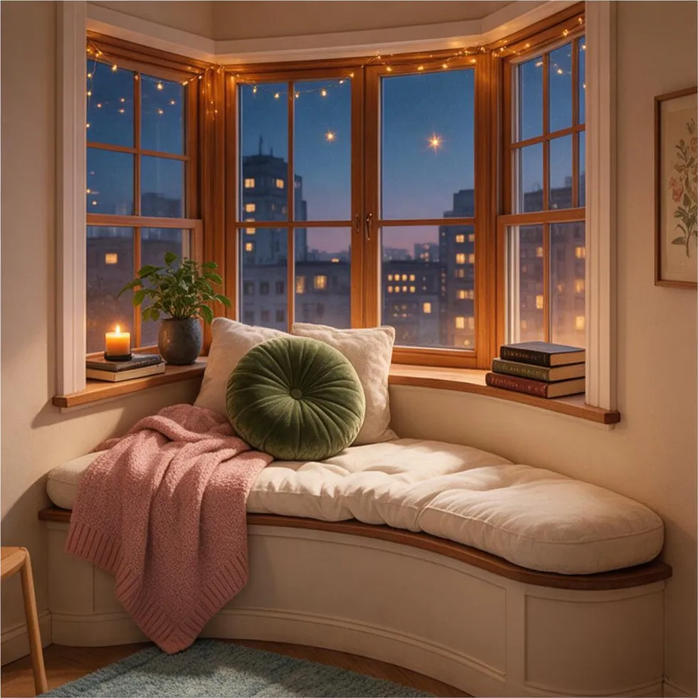 A cozy illustration of a reading nook, beautiful illustration