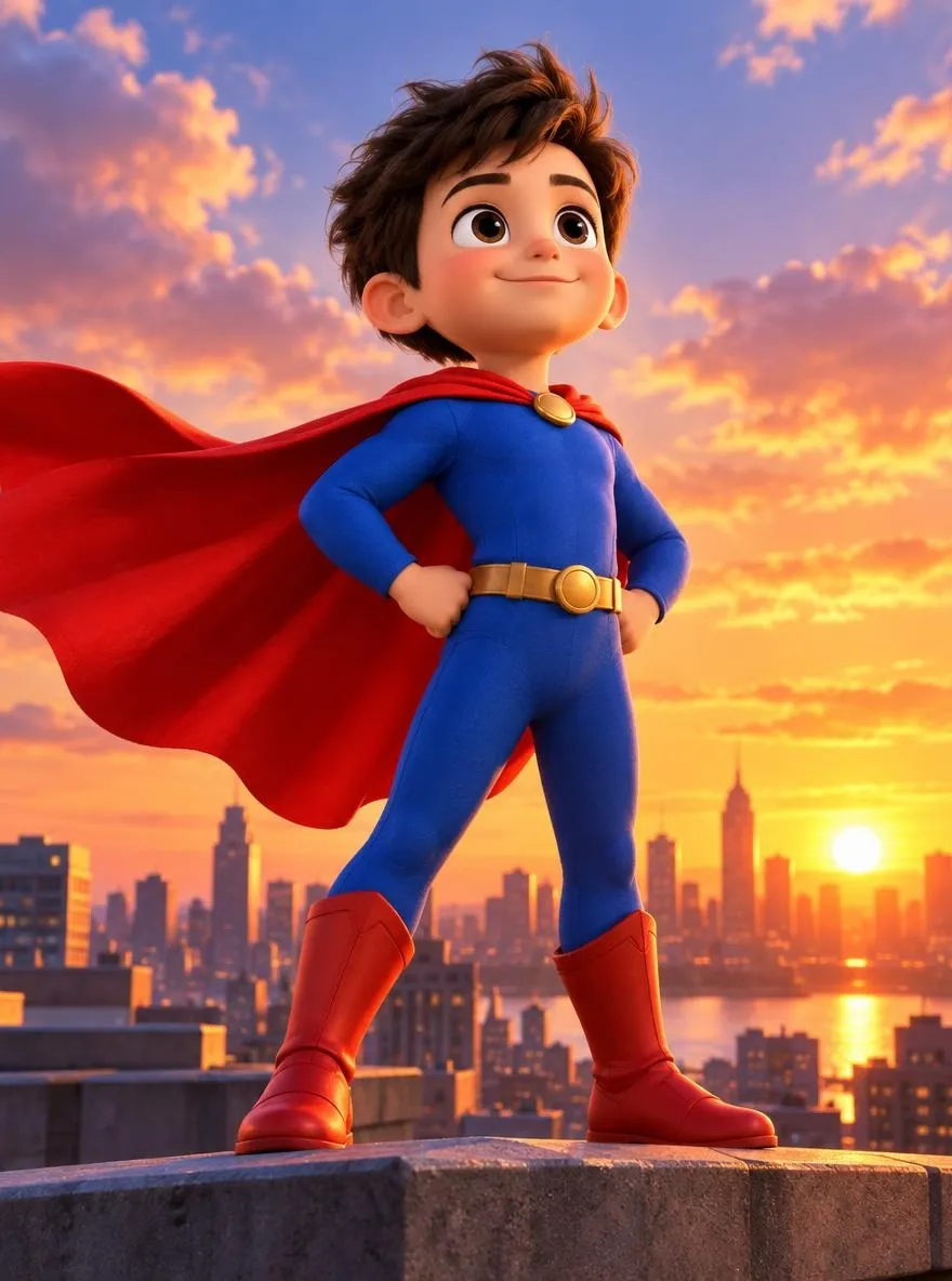 3D cartoon superhero kid in a red cape standing on a rooftop at sunset, heroic pose, big eyes, animated movie quality