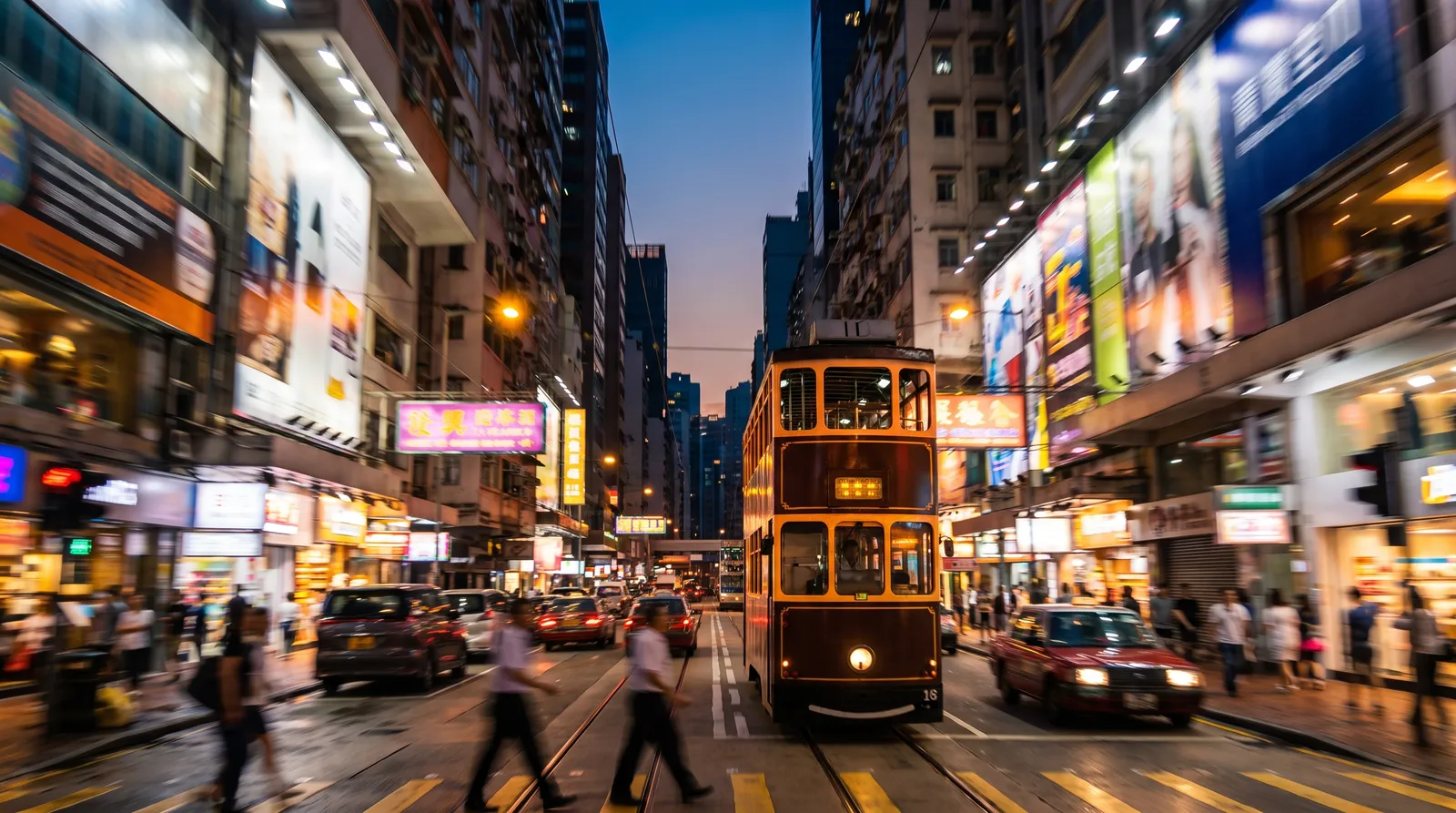 Hong Kong tram on Des Voeux Road at dusk, double-decker tram with warm interior light, dense signs and buildings, motion blur pedestrians