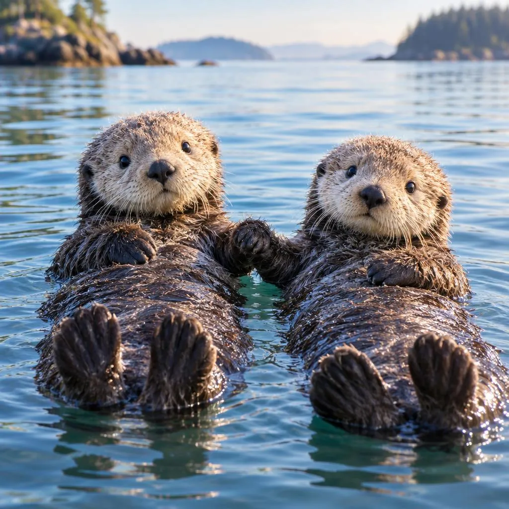 Two baby sea otters holding paws while floating on their backs in a calm bay, wet fur glistening, soft morning light, heartwarming wildlife photography