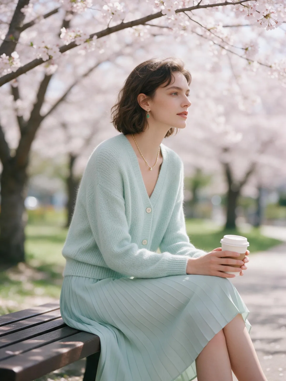 Pastel spring lookbook: a model in a mint knit cardigan and pleated midi skirt sitting on a bench under cherry blossoms, holding a coffee, soft dreamy light