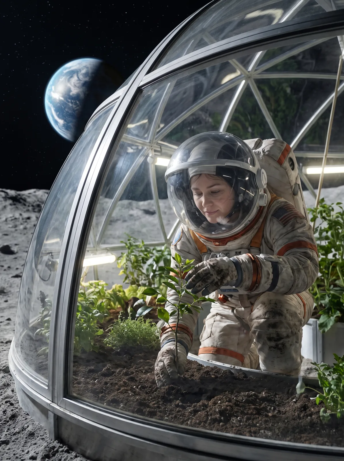 Sci-fi: a female astronaut planting a sapling in a dome greenhouse on the Moon, Earth rising behind the glass, quiet emotional moment