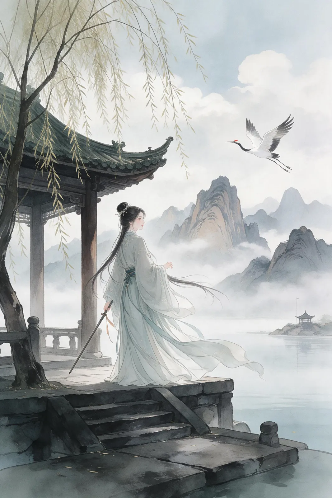 Chinese guofeng illustration of a swordswoman in flowing pale celadon hanfu standing on a misty lake pavilion, willow branches, distant ink-wash mountains, a crane flying past, soft watercolor gradien