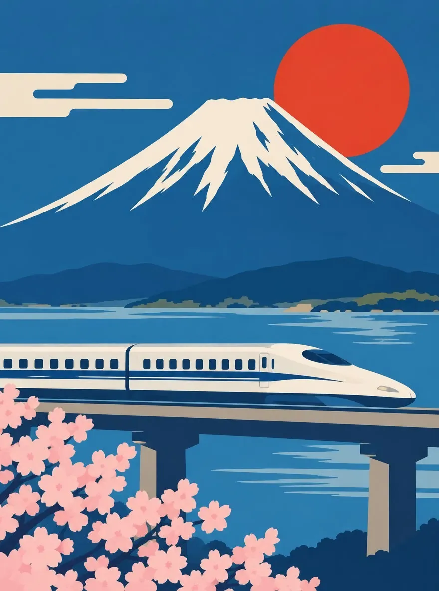 Mid-century modern travel poster style illustration of Mount Fuji with a bullet train passing in front, bold flat shapes, limited palette, no text