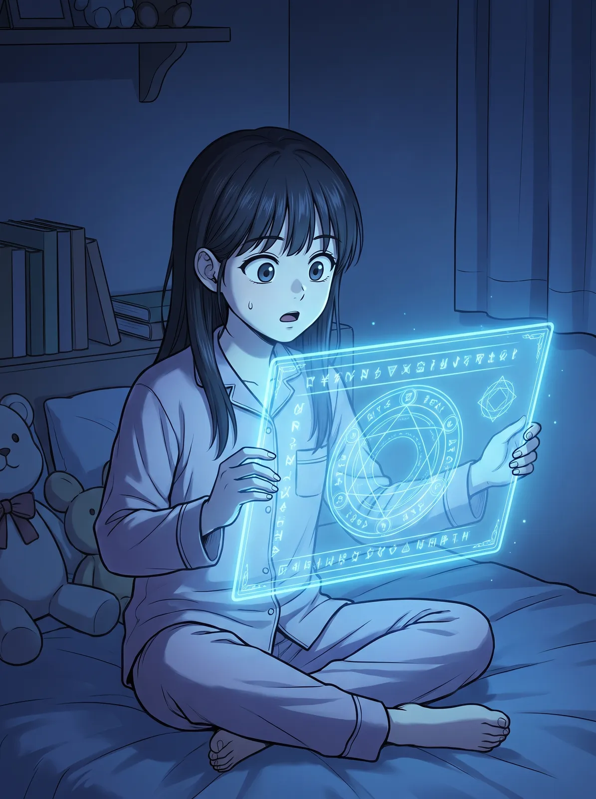 Korean webtoon fantasy: a girl opening a glowing magical status window in her bedroom at midnight, surprised face, blue interface light without readable text