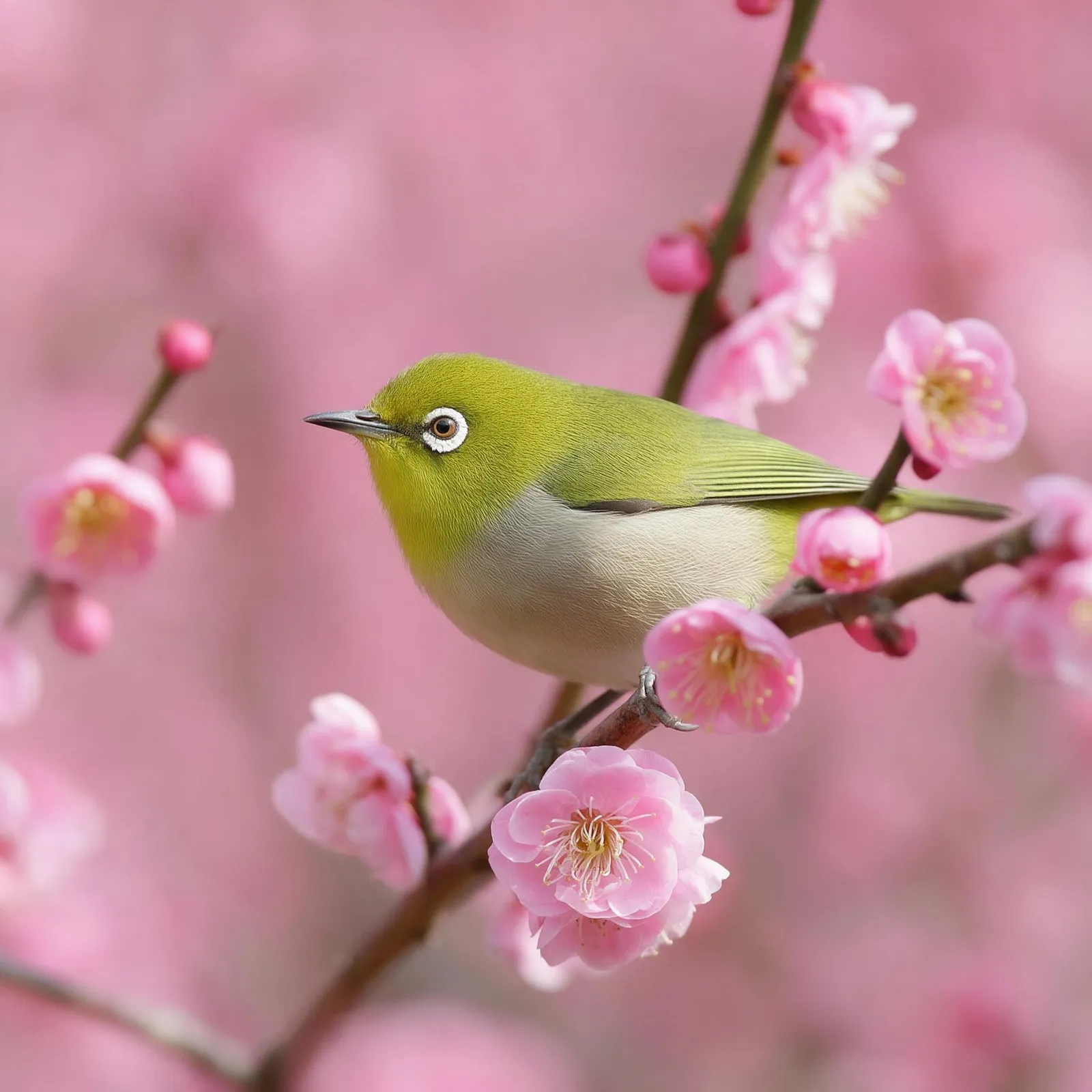 Tiny Japanese white-eye bird perched on a plum blossom branch, soft pink background, macro detail, spring