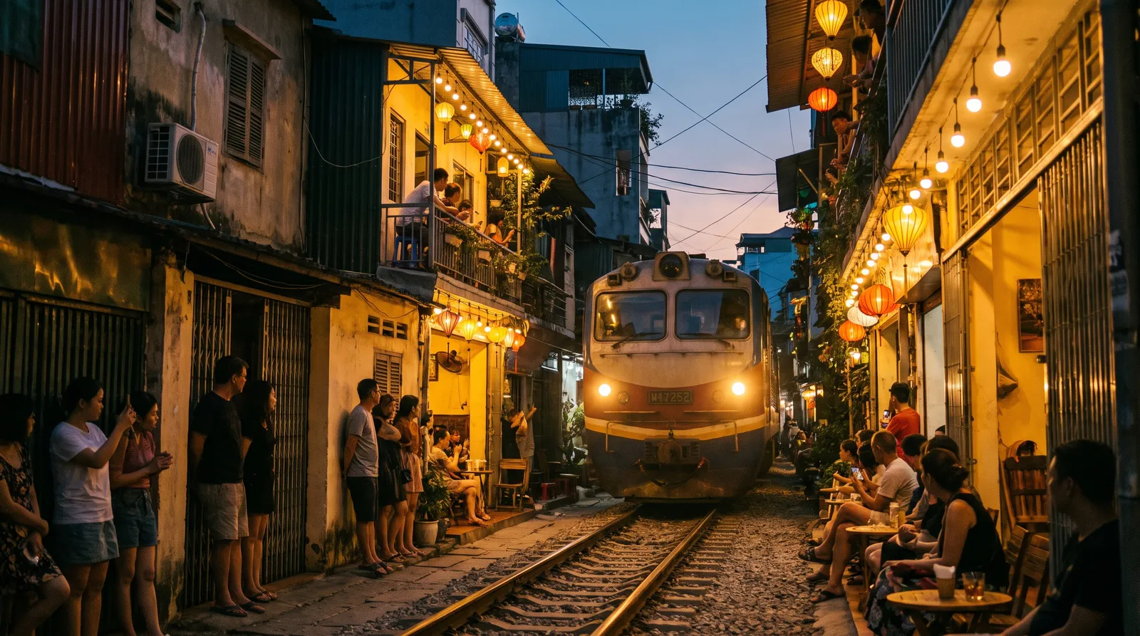 Hanoi Train Street at dusk, a train squeezing between houses with cafes on both sides, people pressed against walls, warm lights, cinematic