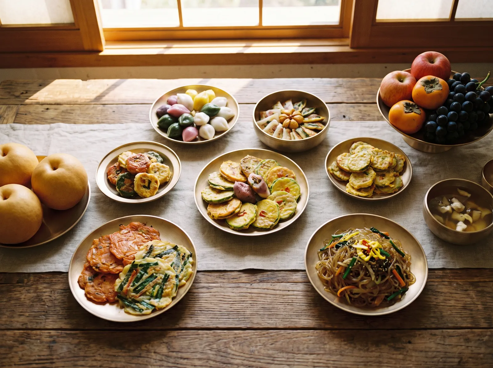 Food photography: a Chuseok table spread with songpyeon, jeon pancakes, japchae and fruit on brass dishes, overhead shot, warm natural light