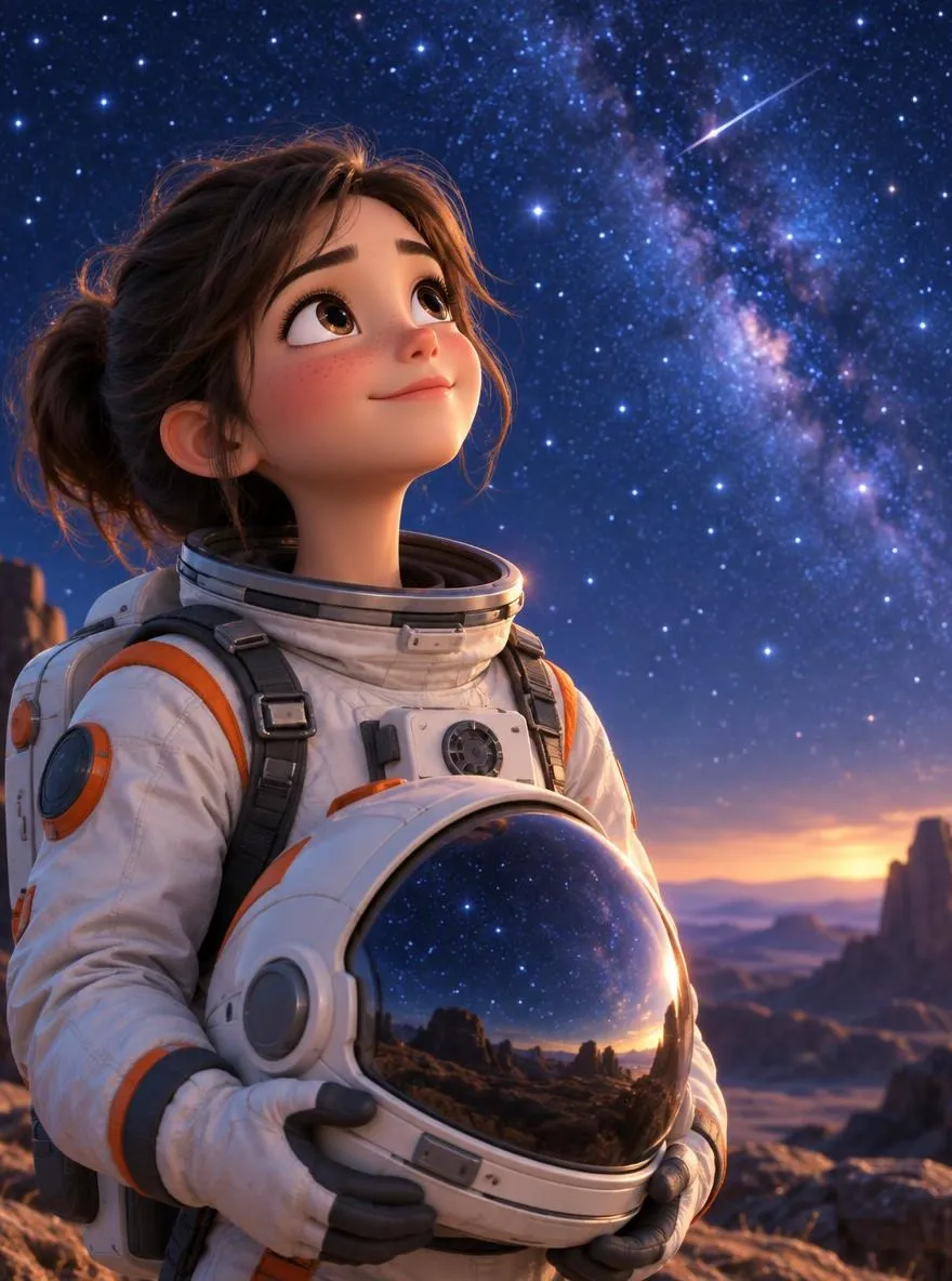3D stylized young astronaut girl with freckles looking up at the stars, big helmet in hand, animated film quality lighting