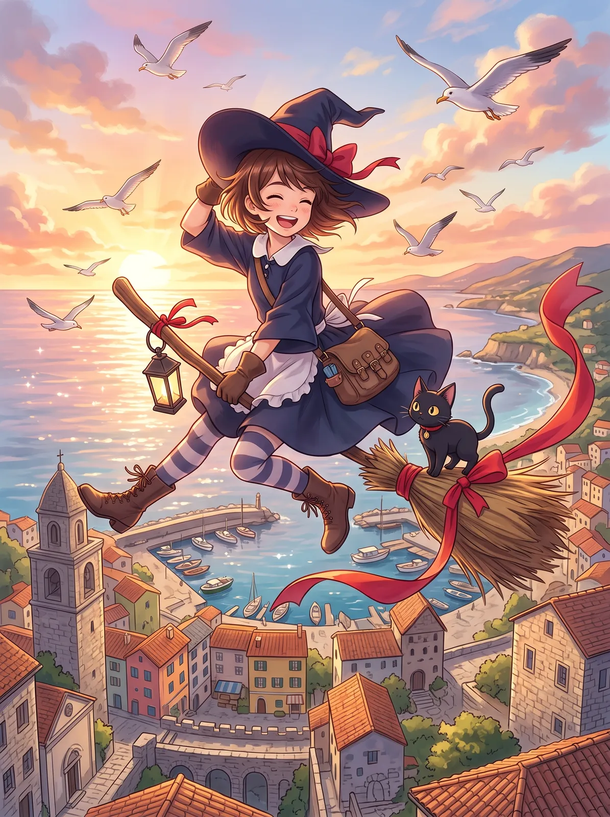 Anime witch apprentice flying on a broom over a European-style coastal town at sunrise, her black cat on the bristles, red ribbon, seagulls, joyful sense of freedom