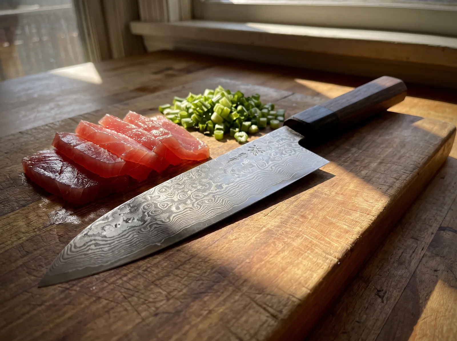Japanese chef's knife with damascus pattern on a cutting board with sliced tuna, dramatic side light, craftsmanship