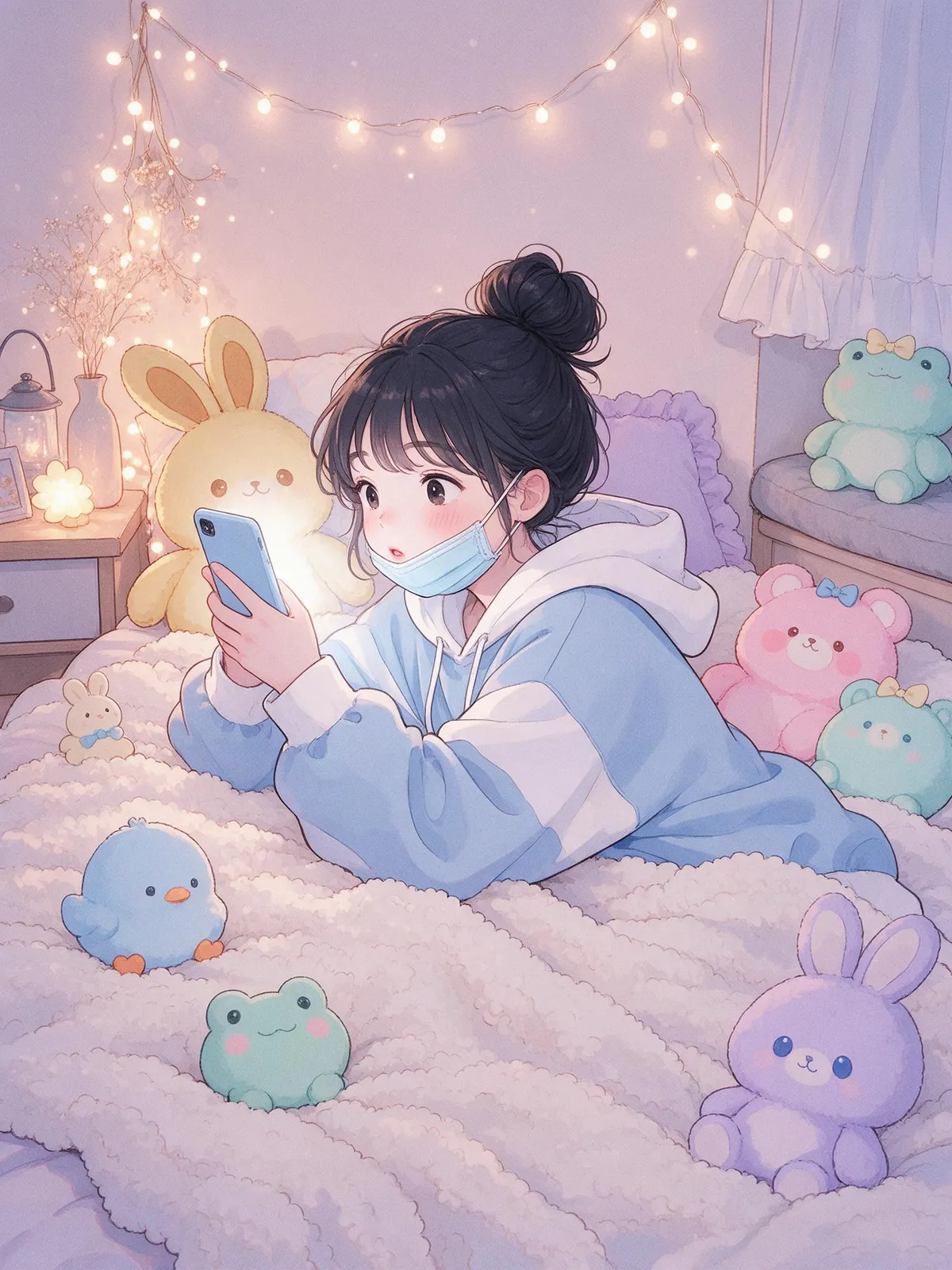 Daily-life webtoon: a girl lying on her bed scrolling her phone with a face mask on, plushies everywhere, fairy lights, cute expression, soft pastel palette