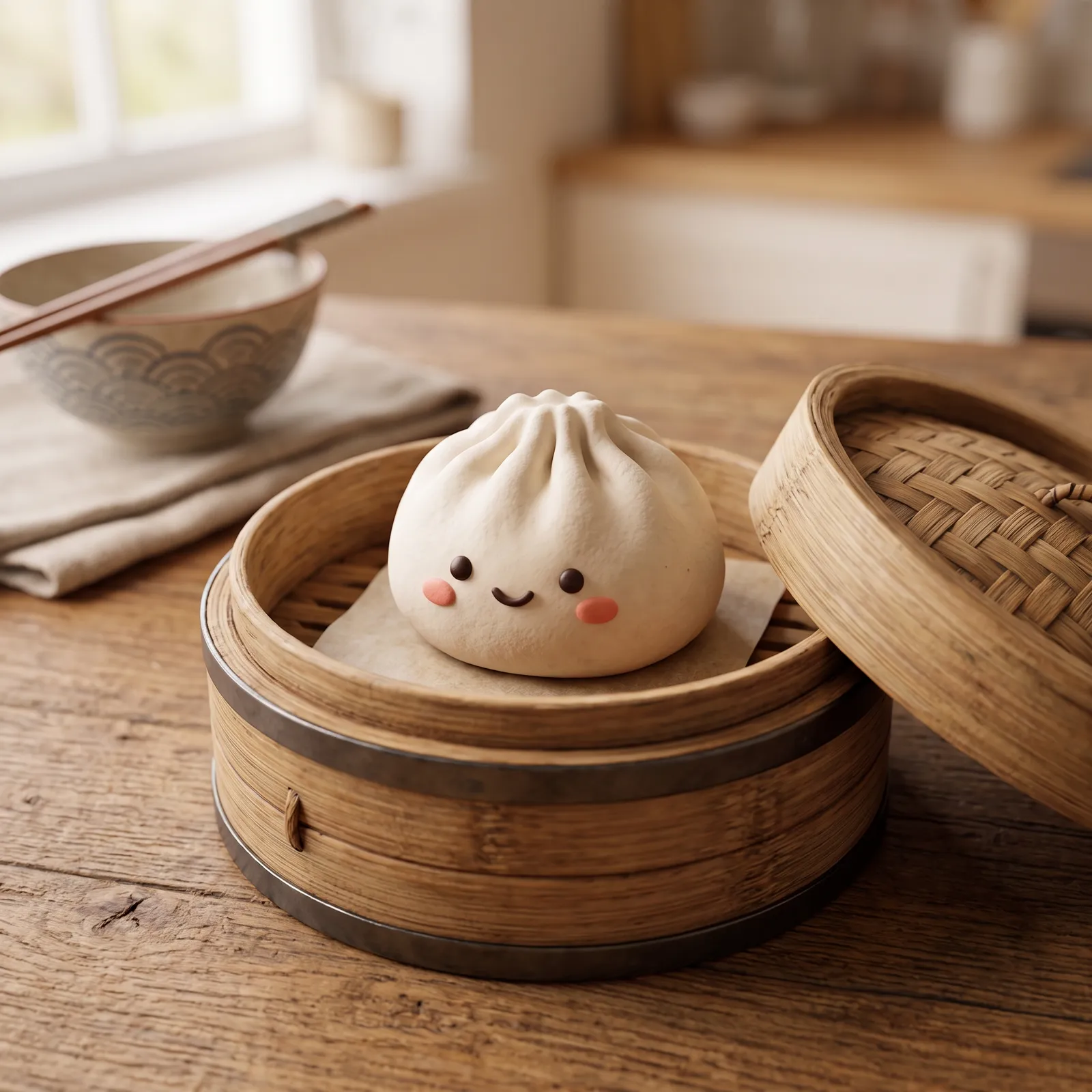 3D clay character of a dumpling with a smiling face sitting in a bamboo steamer, cute and squishy, studio light
