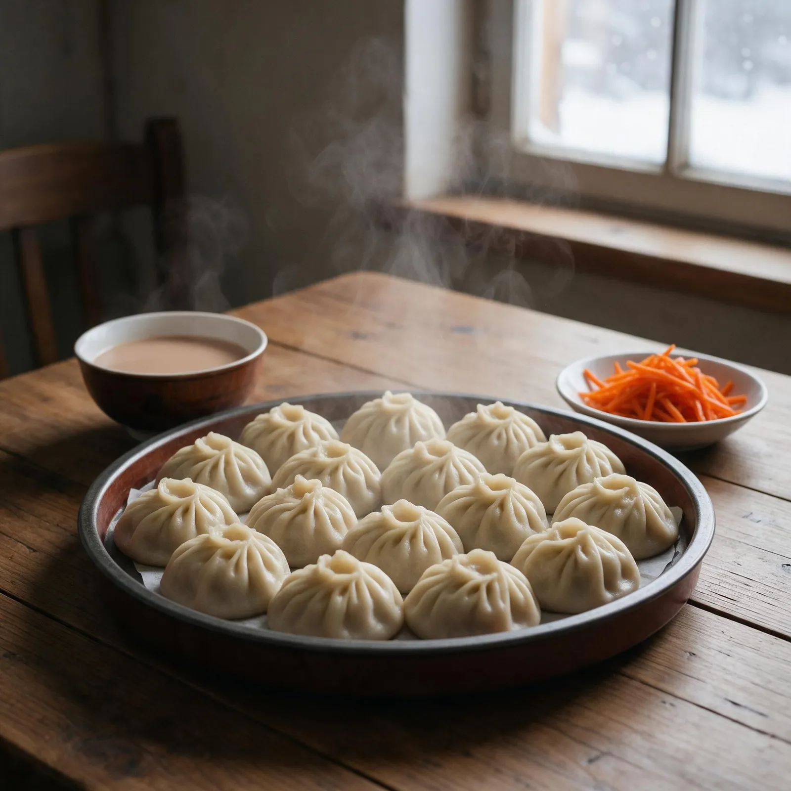 Food photography of Mongolian buuz dumplings steaming on a round tray, juicy pleated tops, a bowl of milk tea and pickled carrots beside them, rustic wooden table, soft window light on a snowy day