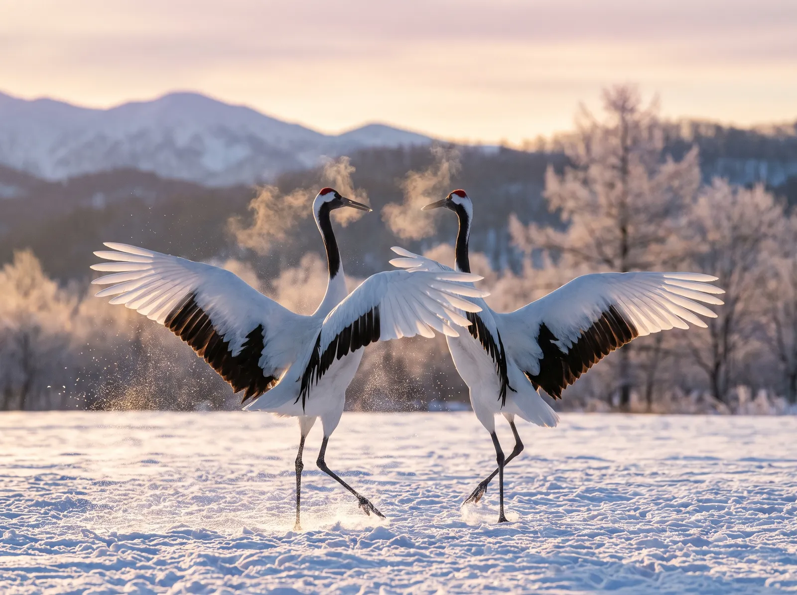 Red-crowned cranes dancing in a snowy field in Hokkaido, wings spread, breath of mist, early morning light, wildlife photography