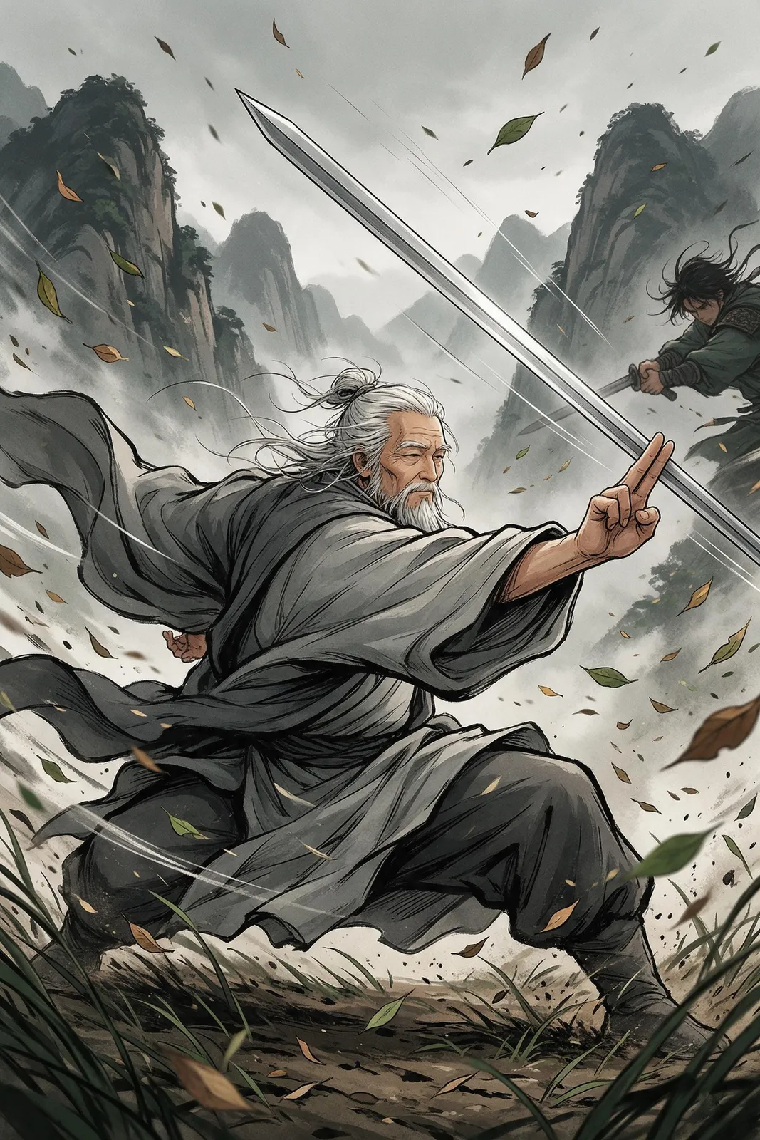 Webtoon martial arts: an old master in grey robes catching a sword blade between two fingers, wind swirling leaves, calm expression, dynamic composition