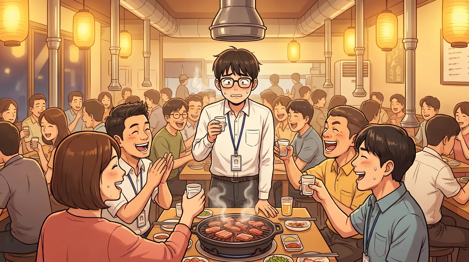 Korean webtoon office comedy of a year-end team dinner in a crowded barbecue restaurant, a nervous new hire standing to give a toast while coworkers cheer and grill smoke rises, warm light…