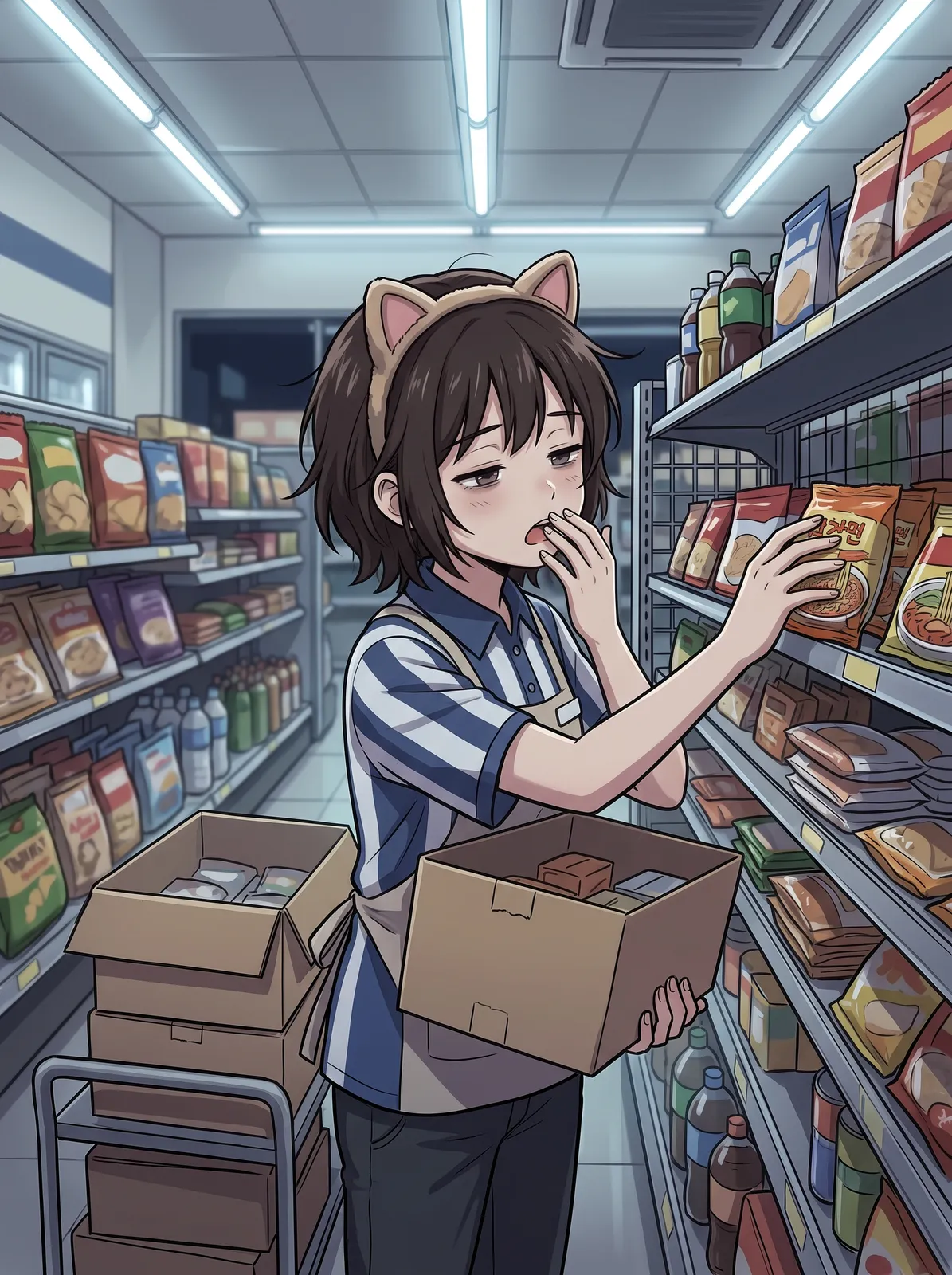 Webtoon slice of life: a cat-ear headband girl working at a convenience store at midnight, stocking shelves, sleepy expression, fluorescent light