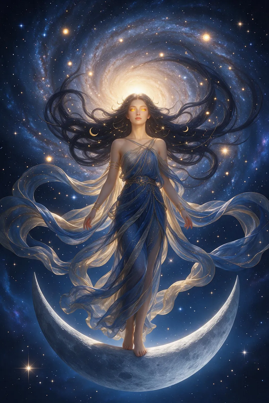 Celestial goddess made of starlight and silk standing on a crescent moon, galaxy swirling in her flowing hair, ethereal pale gold and deep blue palette, majestic and serene