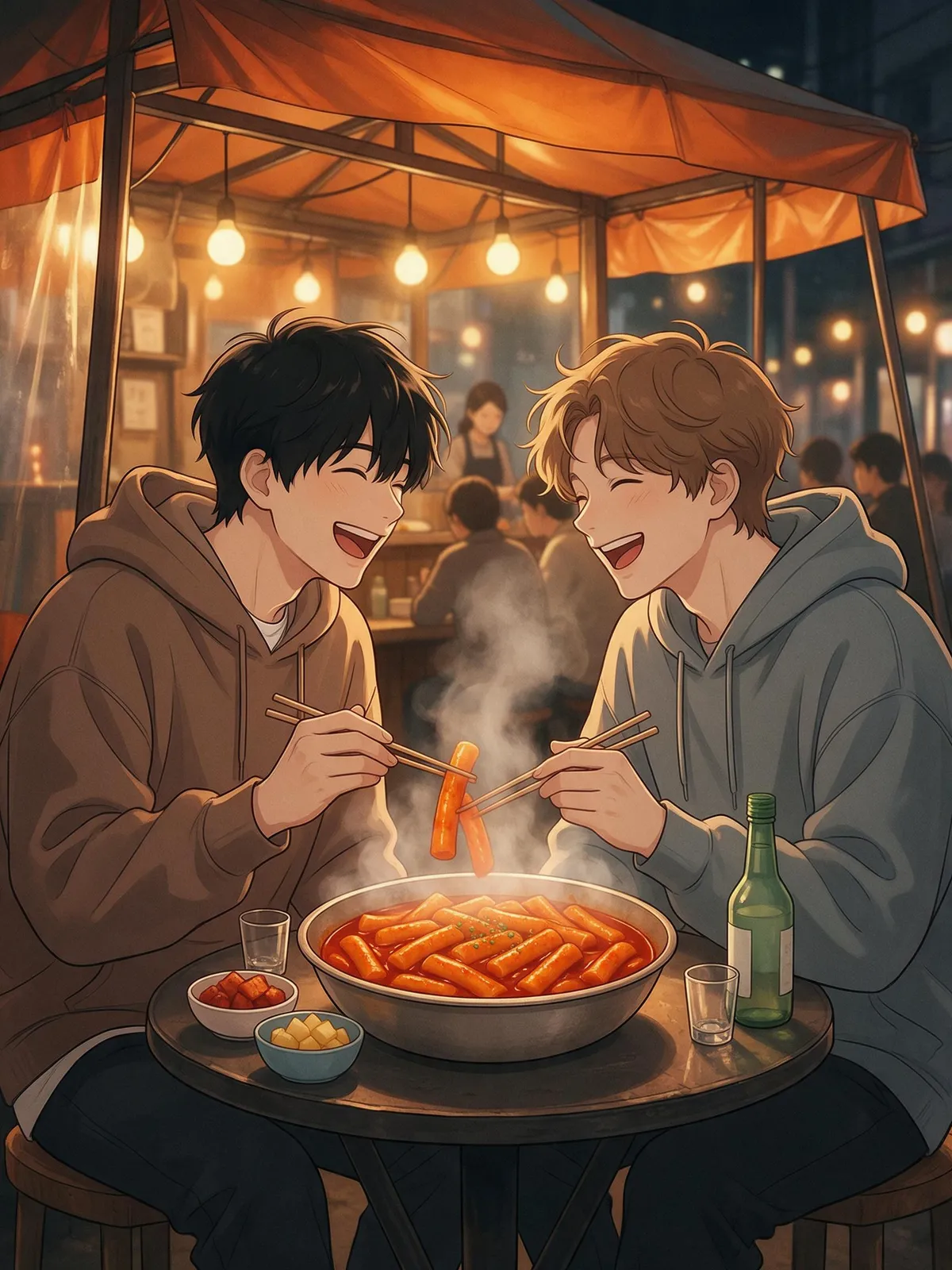 Slice-of-life webtoon panel: two university friends sharing tteokbokki at a pojangmacha tent at night, orange tarp glow, steam, laughter, warm cozy color palette, clean Korean webtoon art