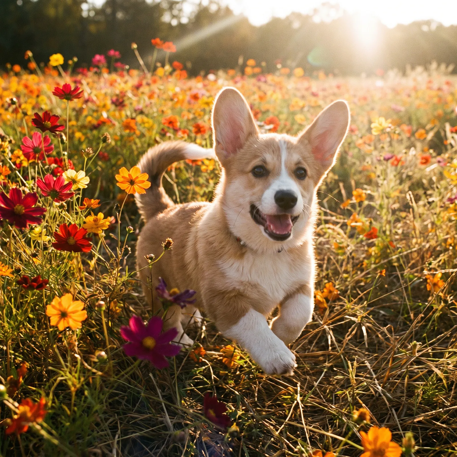 Corgi puppy running through a field of cosmos flowers in autumn, ears flopping, golden backlight, joyful action shot