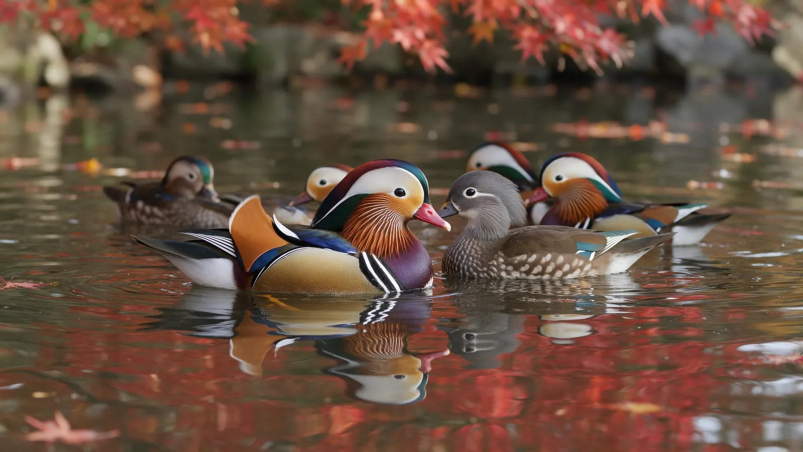 Mandarin ducks swimming together in an autumn pond with red maple reflections, vibrant colors, tranquil