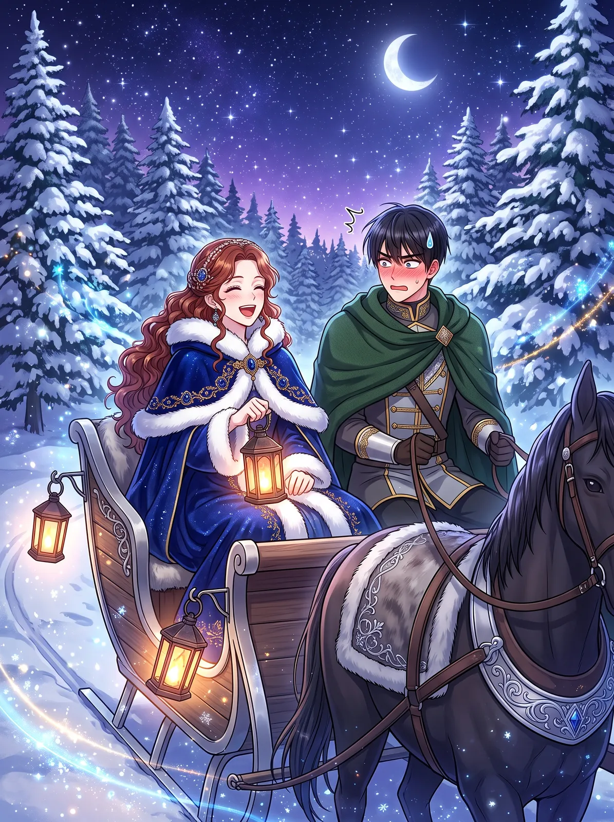 Korean webtoon romance fantasy of a duchess in a fur-trimmed sapphire cloak laughing in a horse-drawn sleigh beside a flustered knight, gliding through a snowy pine forest, swinging lanterns…