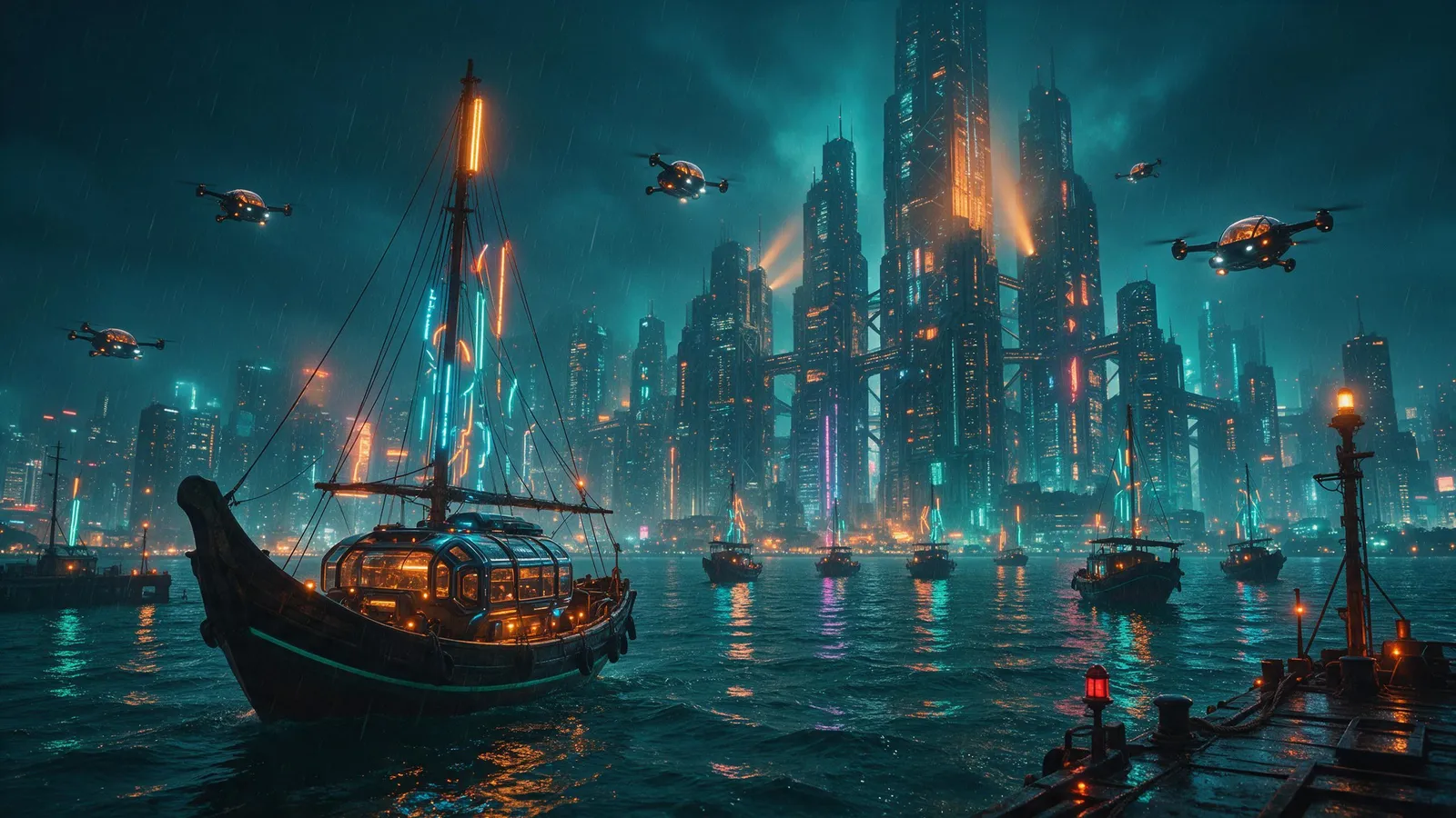 Cyberpunk Hong Kong harbor at night with junk boats carrying neon signs, towering arcologies, flying taxis, dense rain, rich teal and orange palette