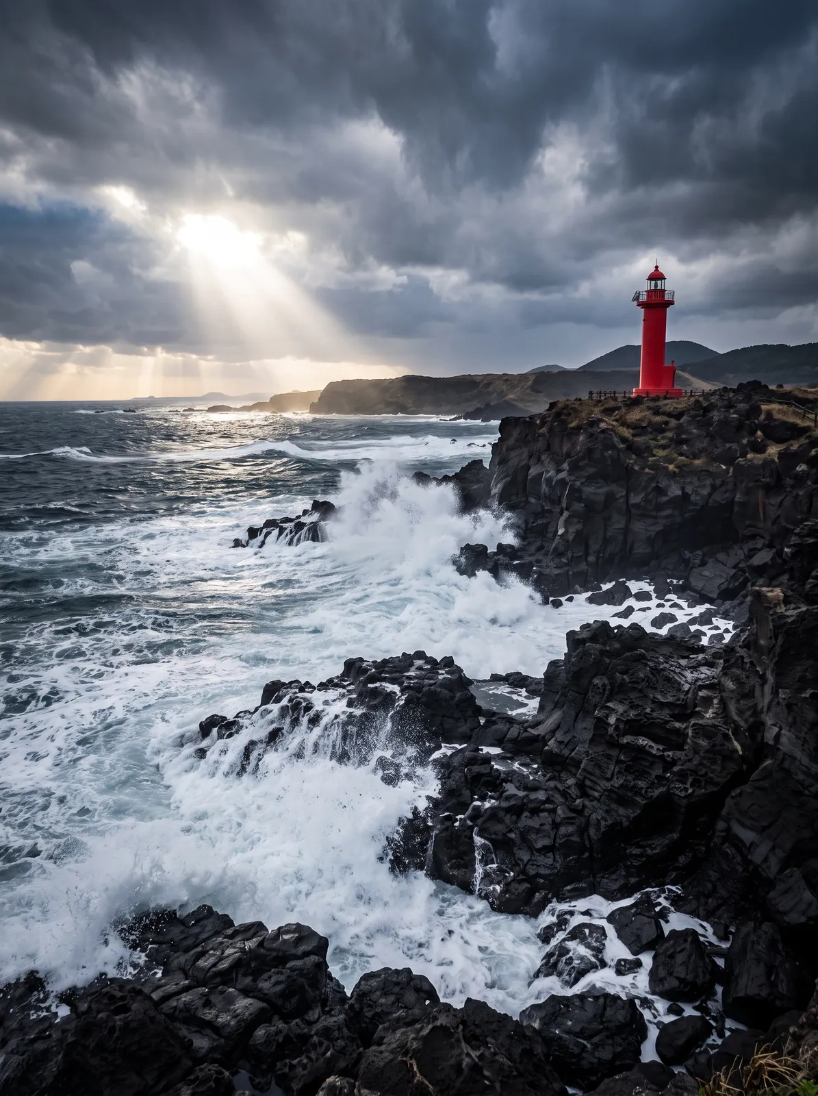 Landscape: a lone red lighthouse on the black basalt coast of Jeju with crashing waves, dramatic storm clouds breaking with a sunbeam