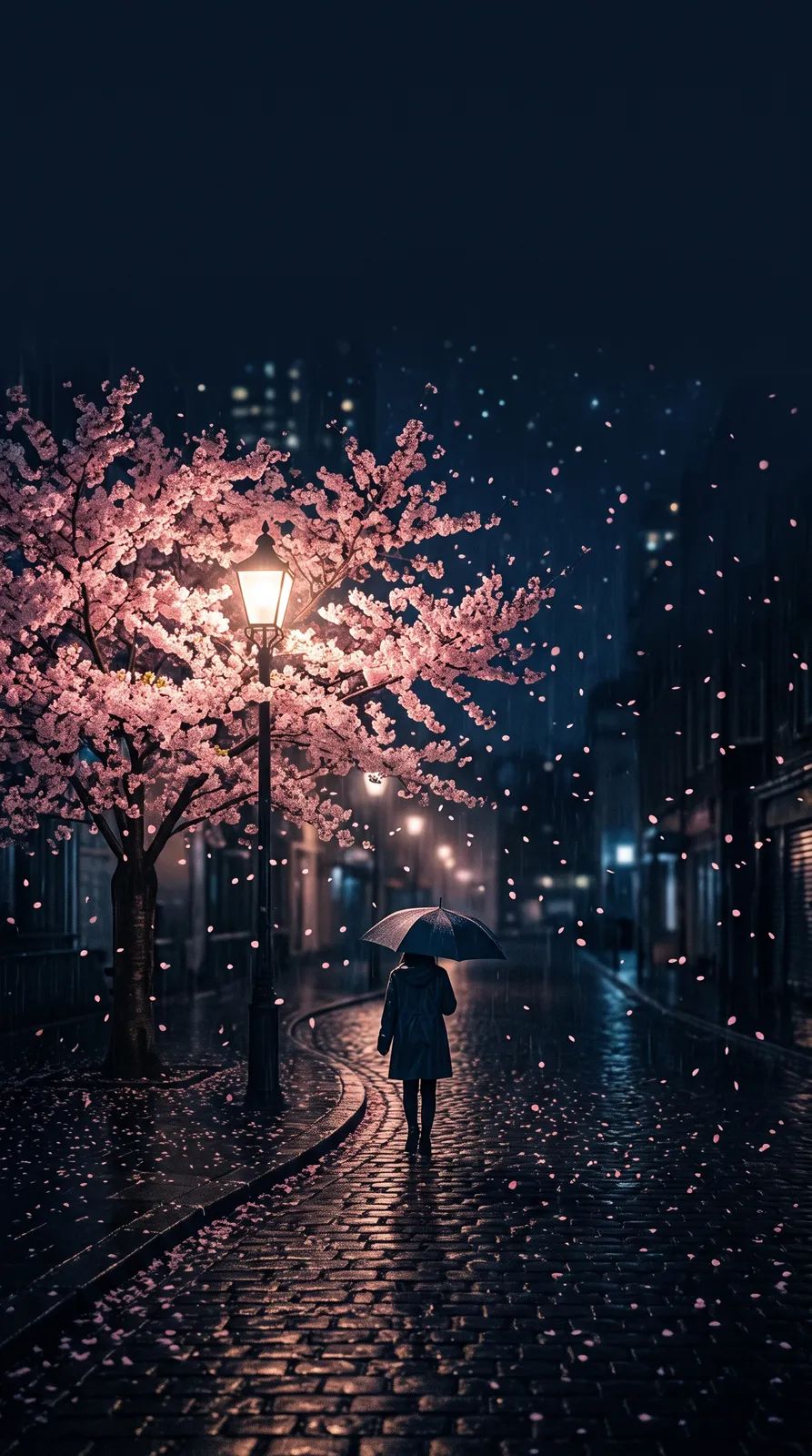 Phone wallpaper: a lone figure with an umbrella on a dark street under a single pink cherry tree glowing in lamplight, falling petals, deep navy background, minimal and moody