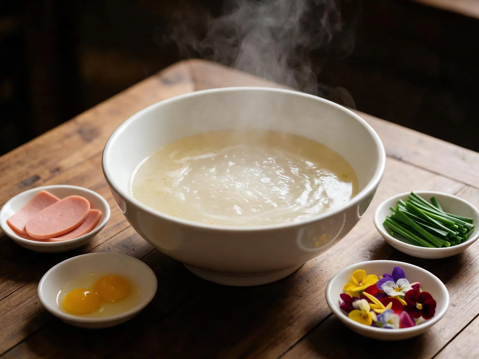 Food photography of Yunnan crossing-the-bridge rice noodles, a huge bowl of scalding broth surrounded by small dishes of quail egg, sliced ham, chives and edible flowers, steam rising…