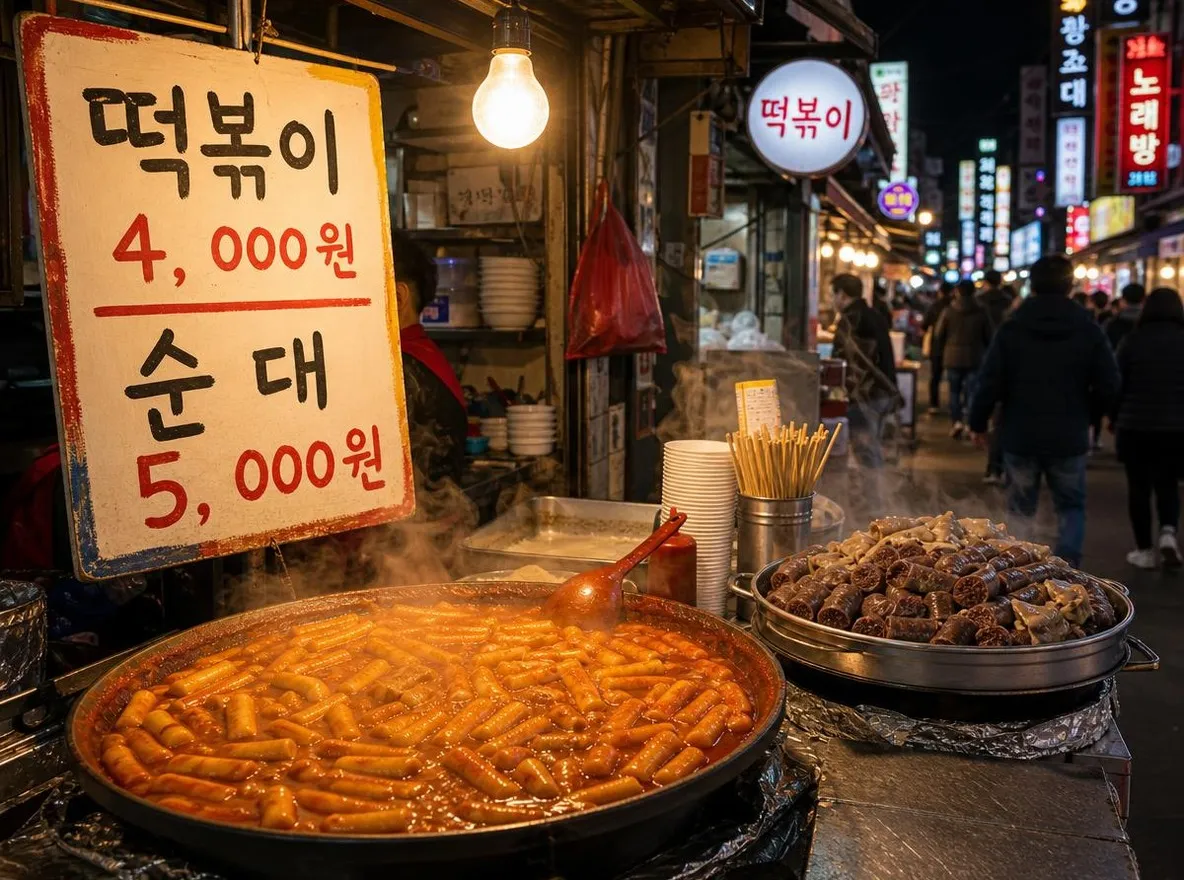 Korean street food stall at night with a hand-painted menu board reading "떡볶이 4,000원" and "순대 5,000원", a steaming pan of tteokbokki in front, warm bulb light, bustling alley