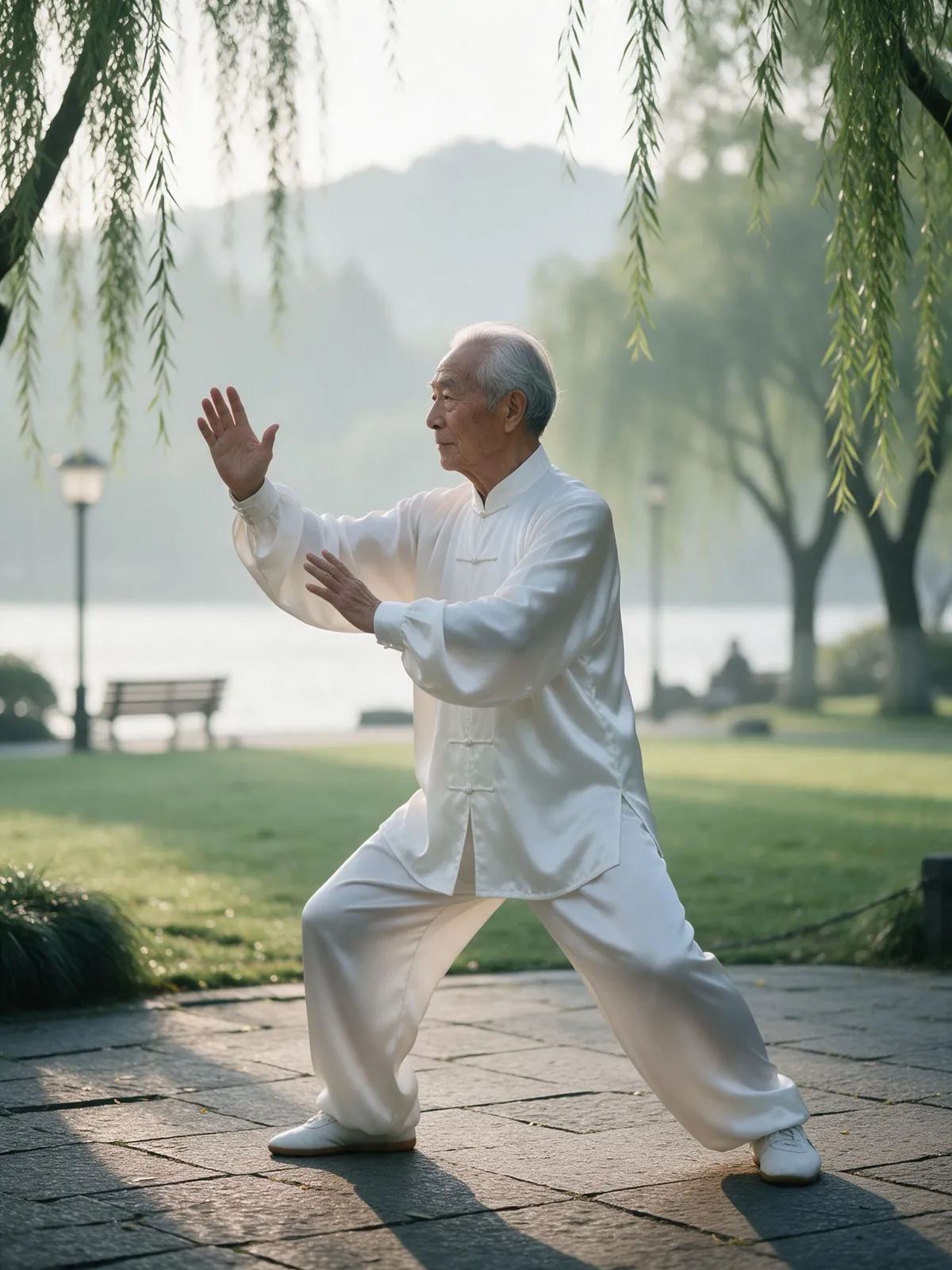 Chinese grandfather practicing tai chi alone in a misty Hangzhou park by West Lake at dawn, white silk clothes, slow graceful pose, willow branches, serene soft light