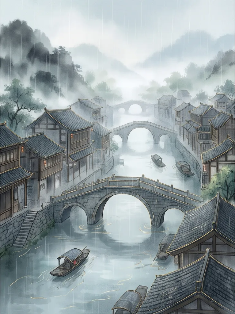 Chinese guofeng digital painting of a river town with stone bridges in rain, ink wash textures with fine gold lines, ethereal atmosphere