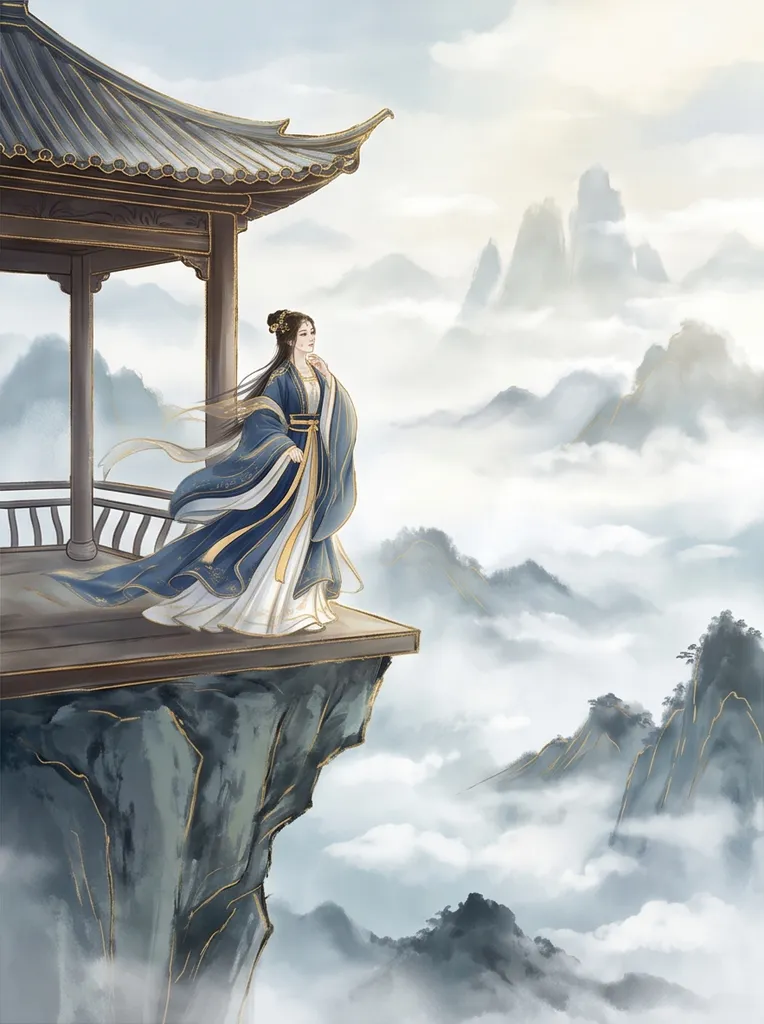 Chinese guofeng digital painting of a woman in flowing hanfu on a cliff pavilion, ink wash textures with fine gold lines, ethereal atmosphere
