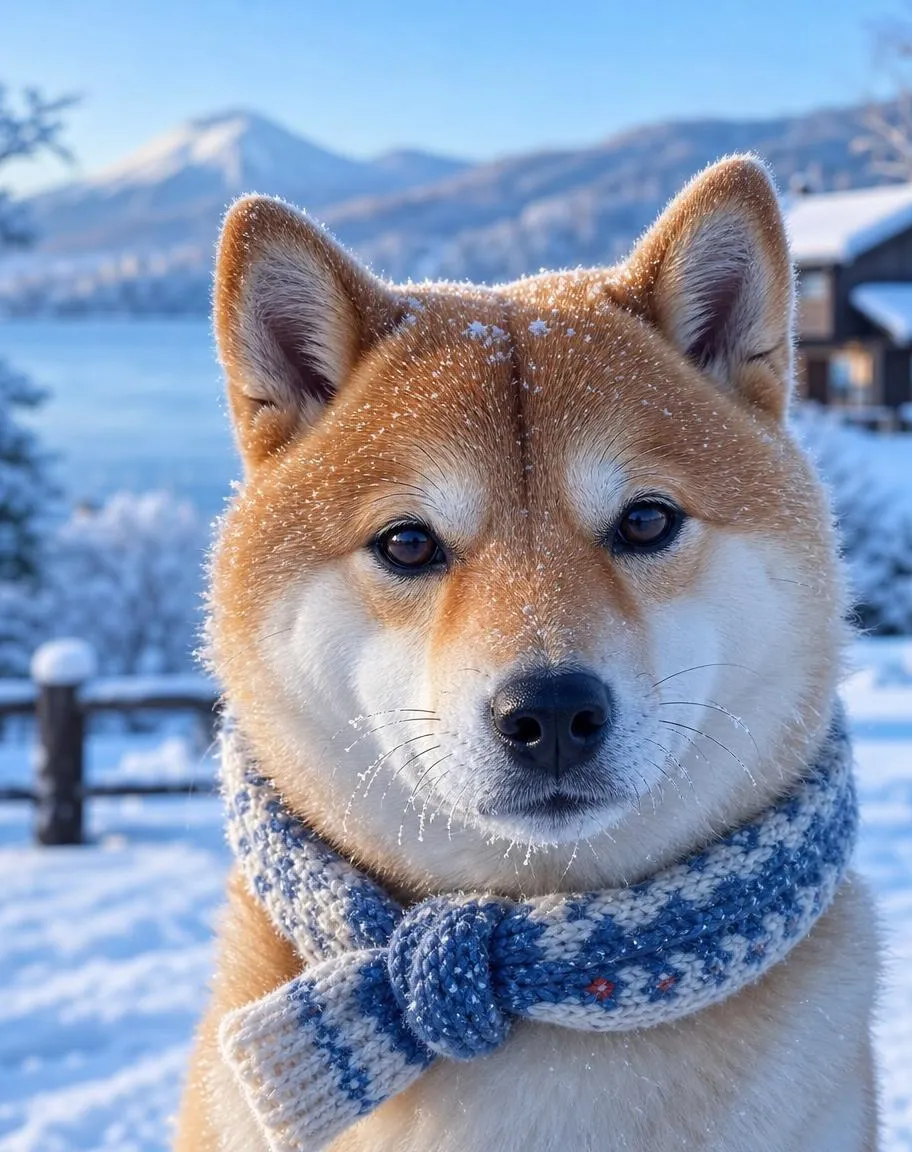Close portrait of a Shiba Inu wearing a tiny knitted scarf on a snowy Hokkaido morning, frost on its whiskers, soft blue light, crisp fur detail