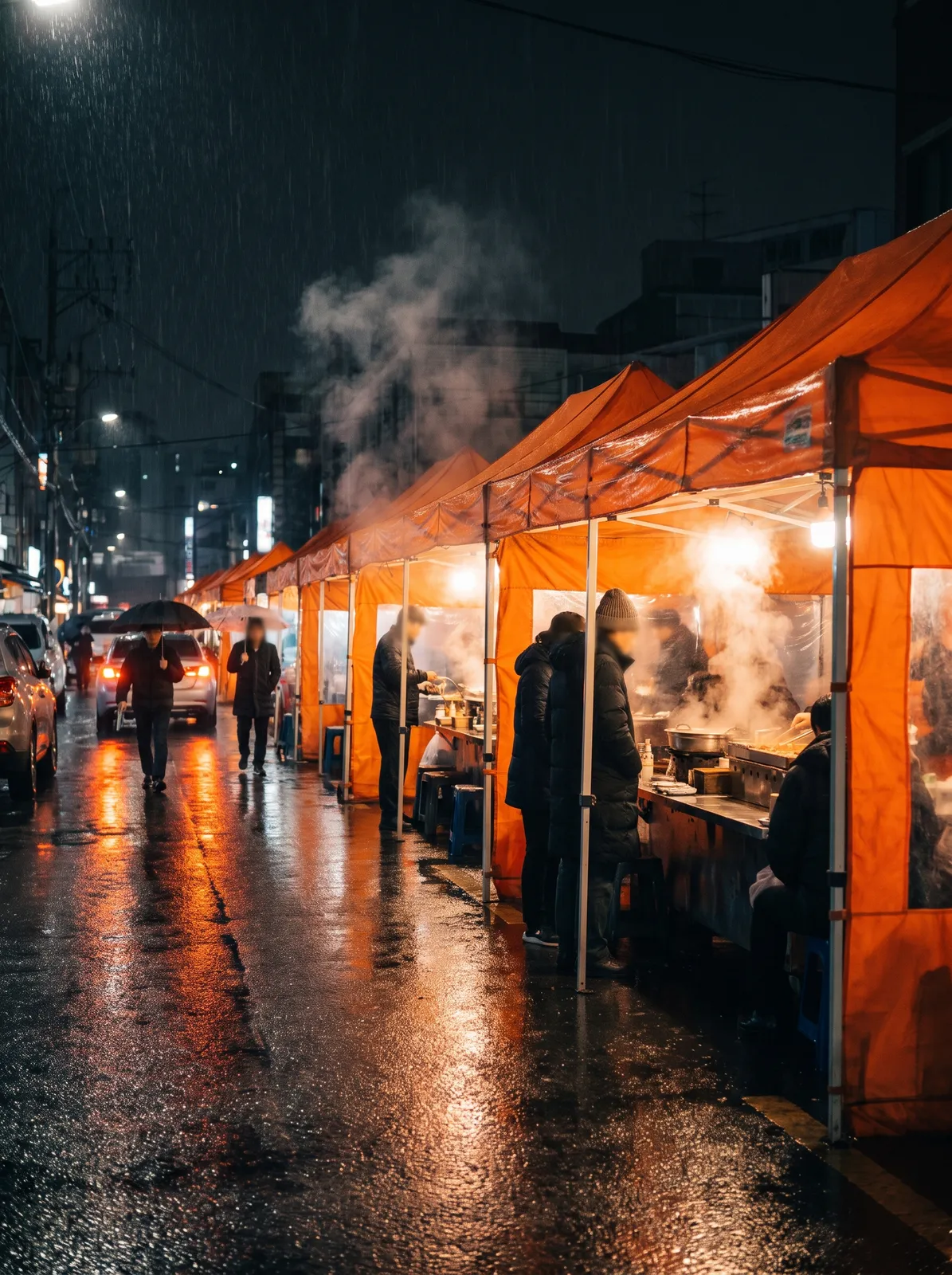 Rainy night in a Seoul Jongno pojangmacha street, orange tent glow, steam rising, people sheltering inside, reflections on wet road