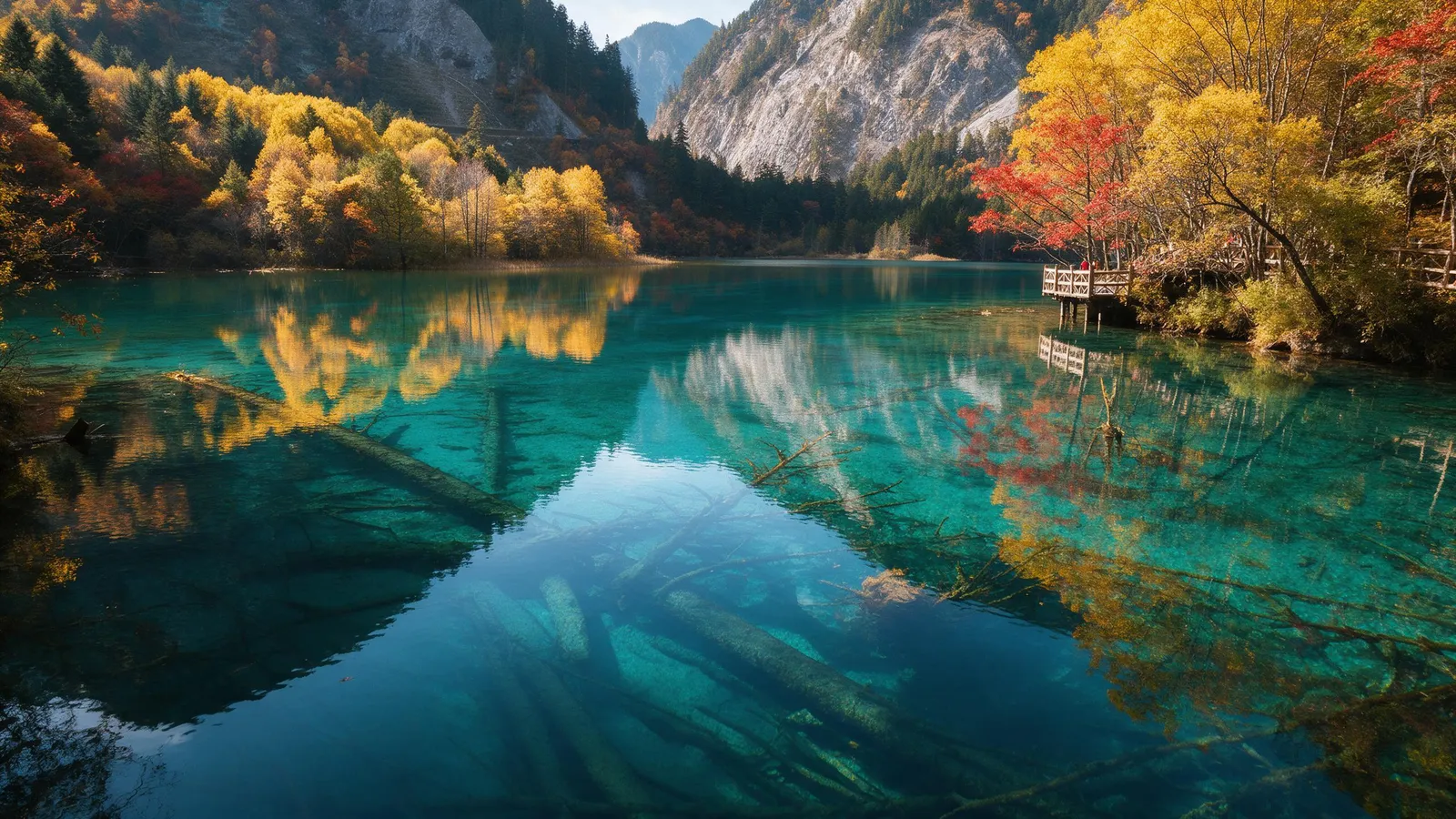 Jiuzhaigou valley in autumn, crystal-clear turquoise lakes with fallen trees visible underwater, golden and red forest reflections